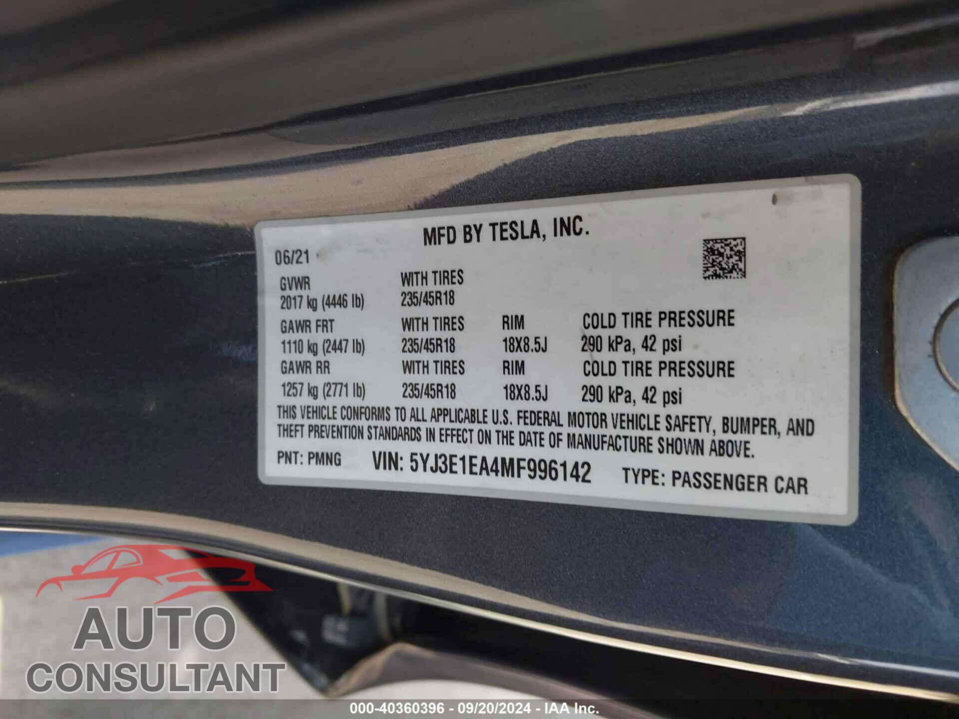 TESLA MODEL 3 2021 - 5YJ3E1EA4MF996142