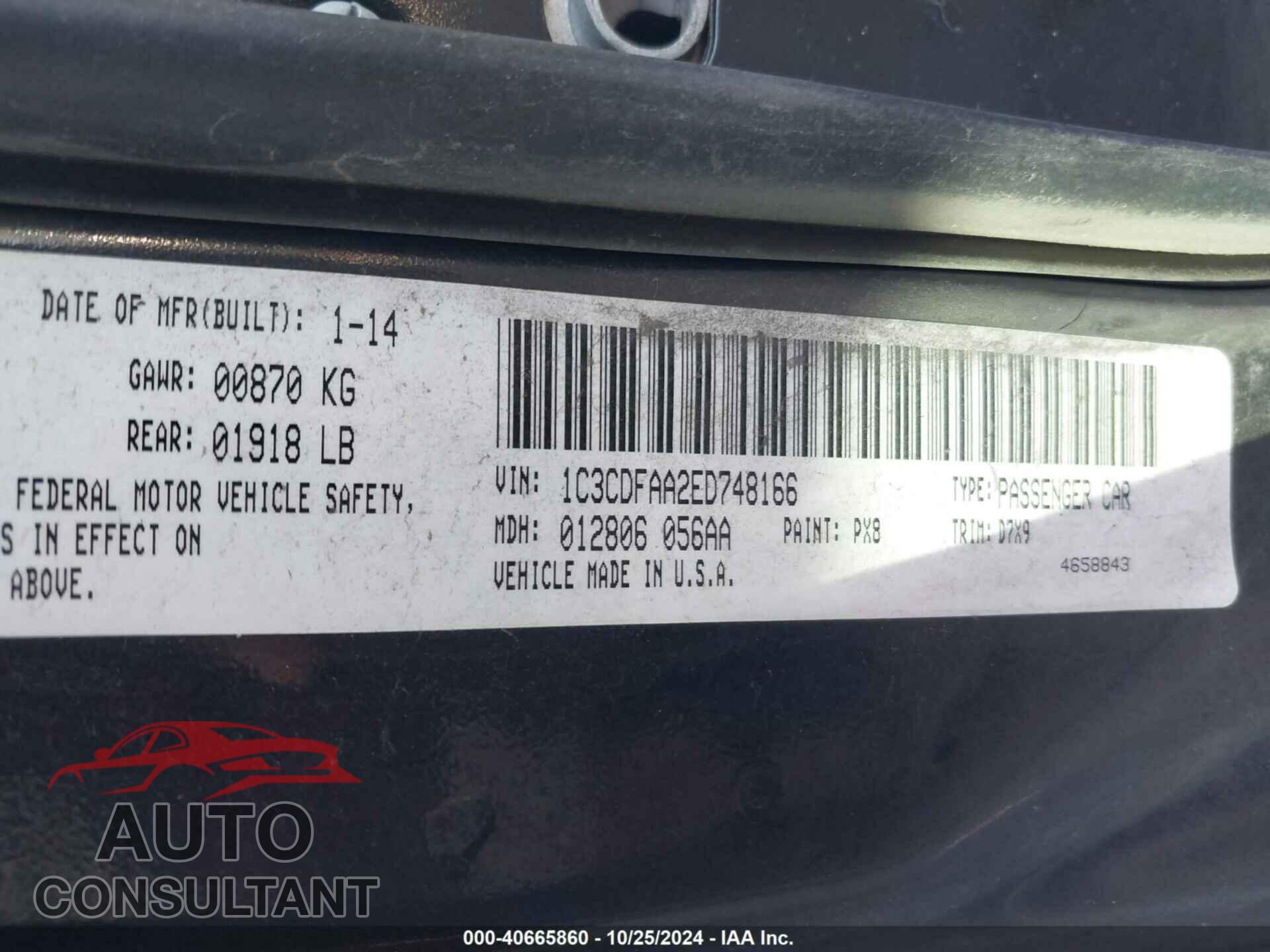 DODGE DART 2014 - 1C3CDFAA2ED748166