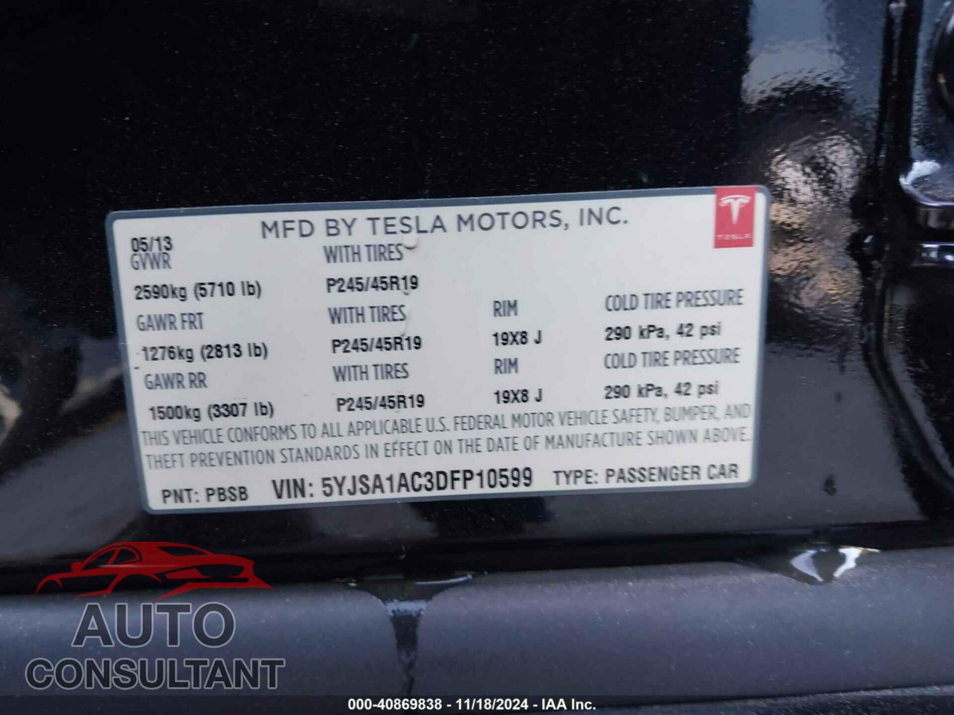 TESLA MODEL S 2013 - 5YJSA1AC3DFP10599