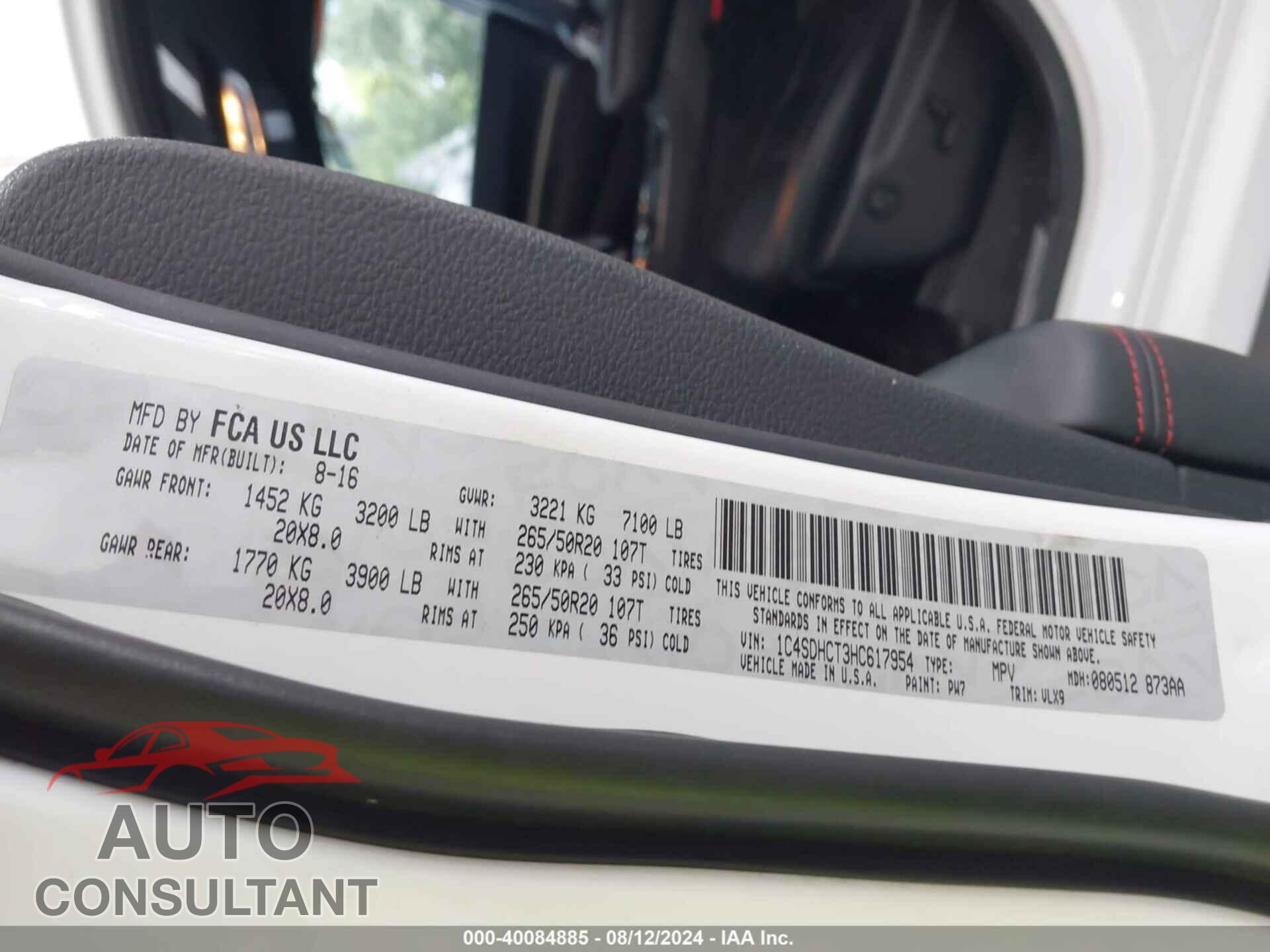 DODGE DURANGO 2017 - 1C4SDHCT3HC617954
