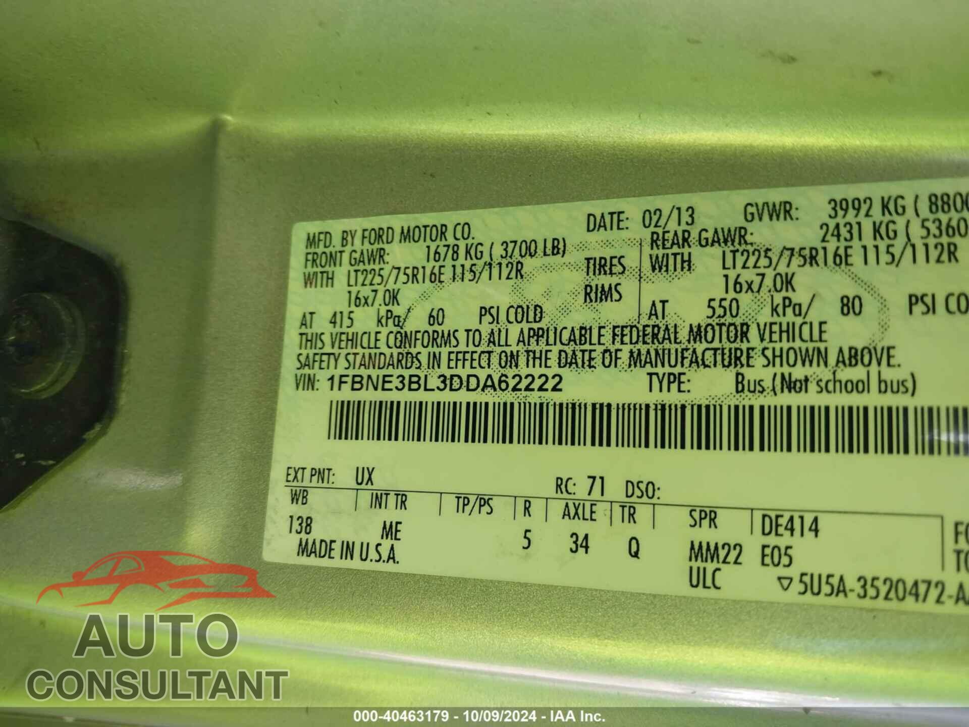 FORD ECONOLINE 2013 - 1FBNE3BL3DDA62222