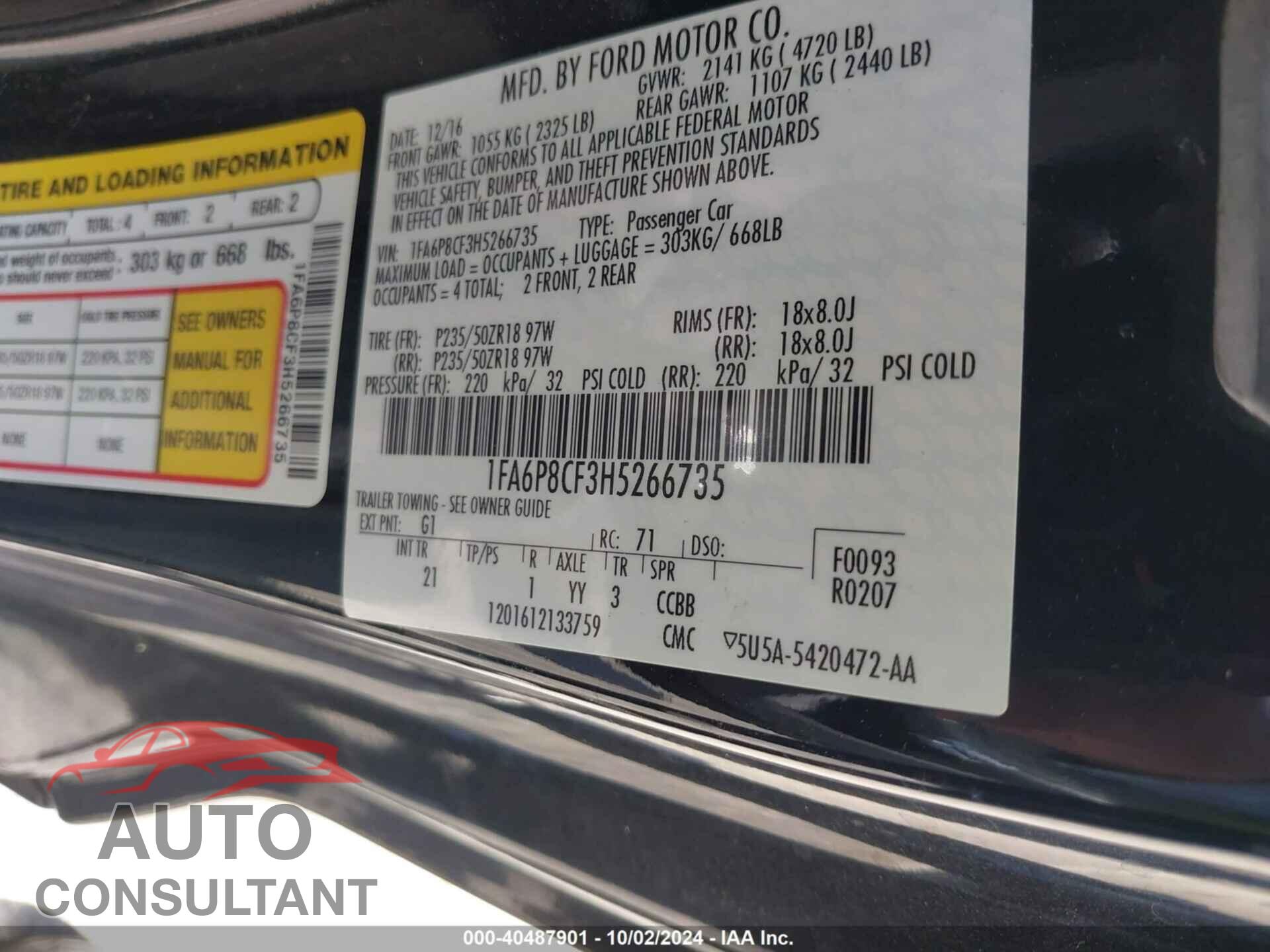 FORD MUSTANG 2017 - 1FA6P8CF3H5266735