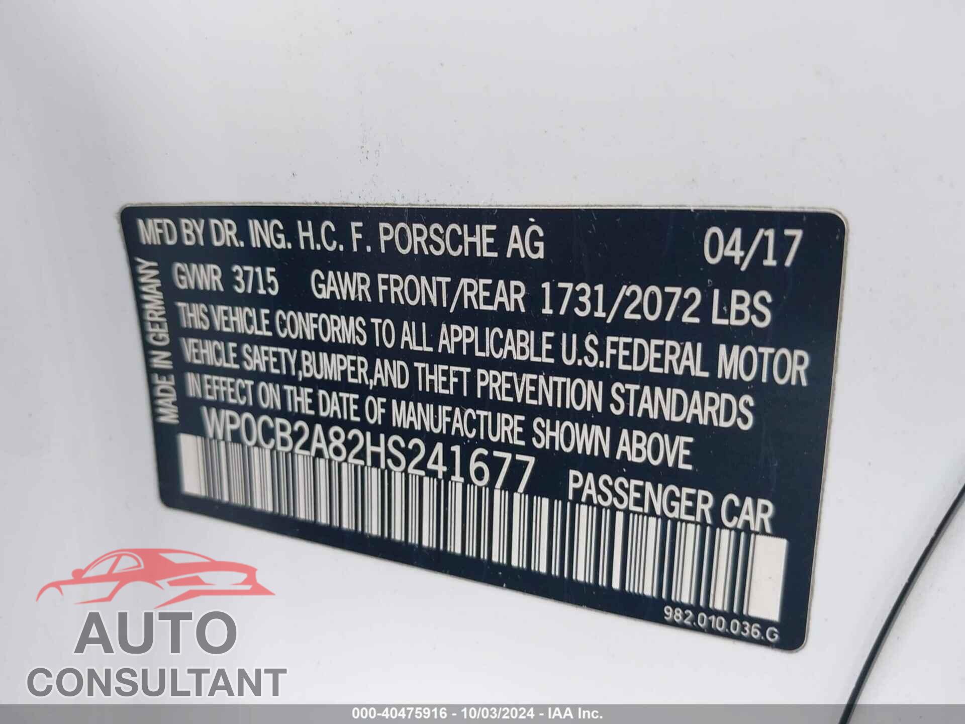 PORSCHE BOXSTER 2017 - WP0CB2A82HS241677