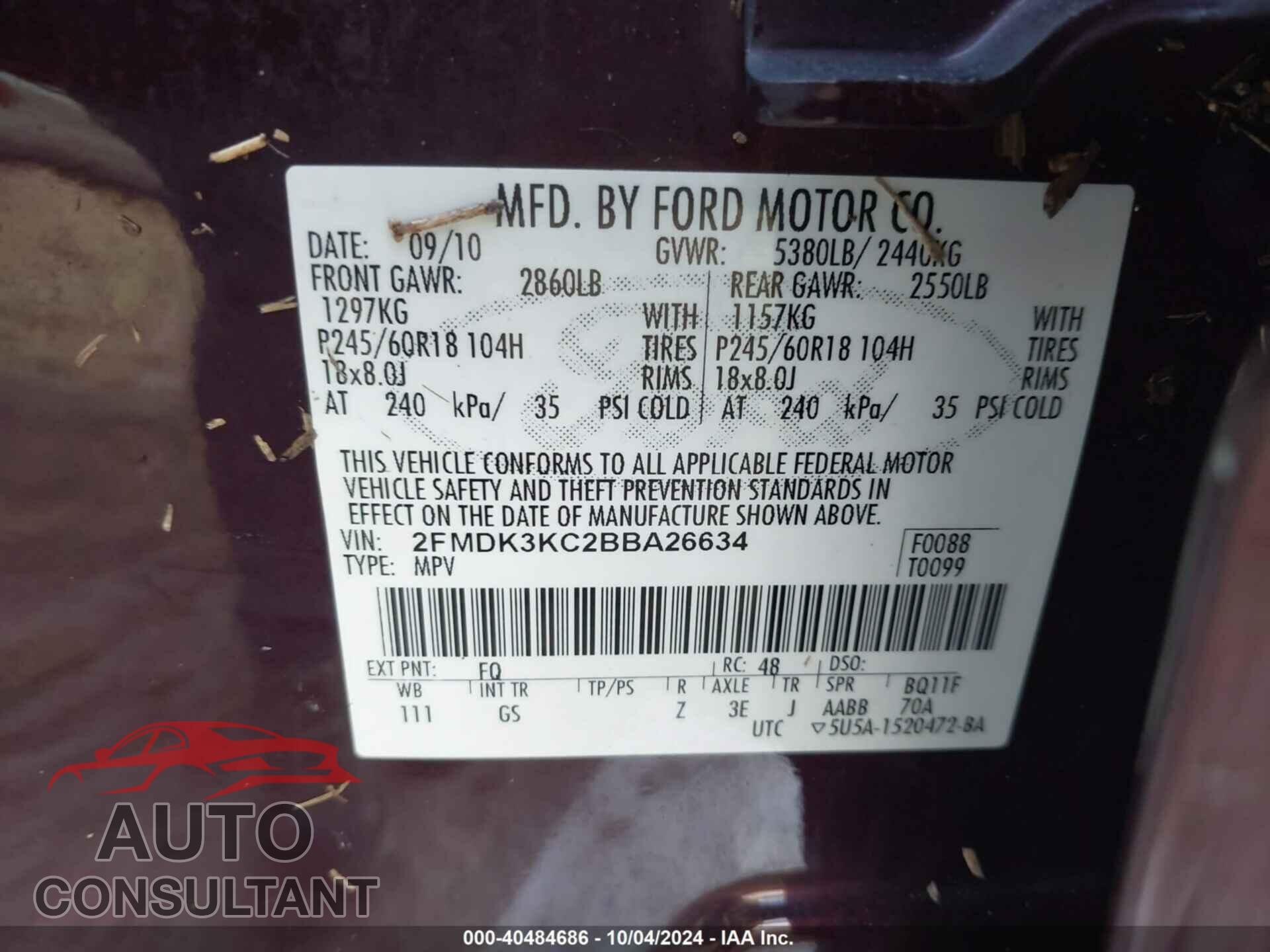 FORD EDGE 2011 - 2FMDK3KC2BBA26634