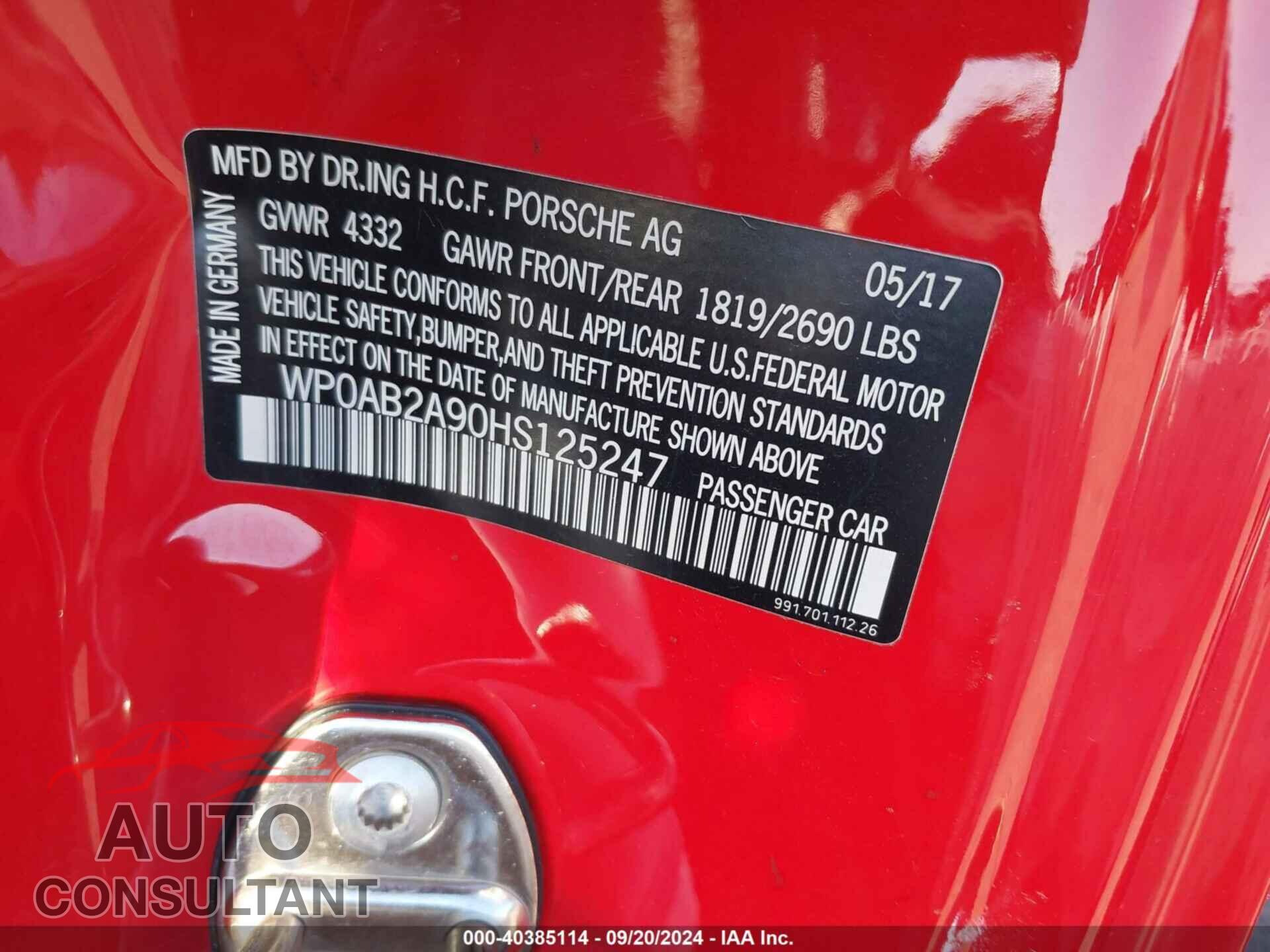 PORSCHE 911 2017 - WP0AB2A90HS125247