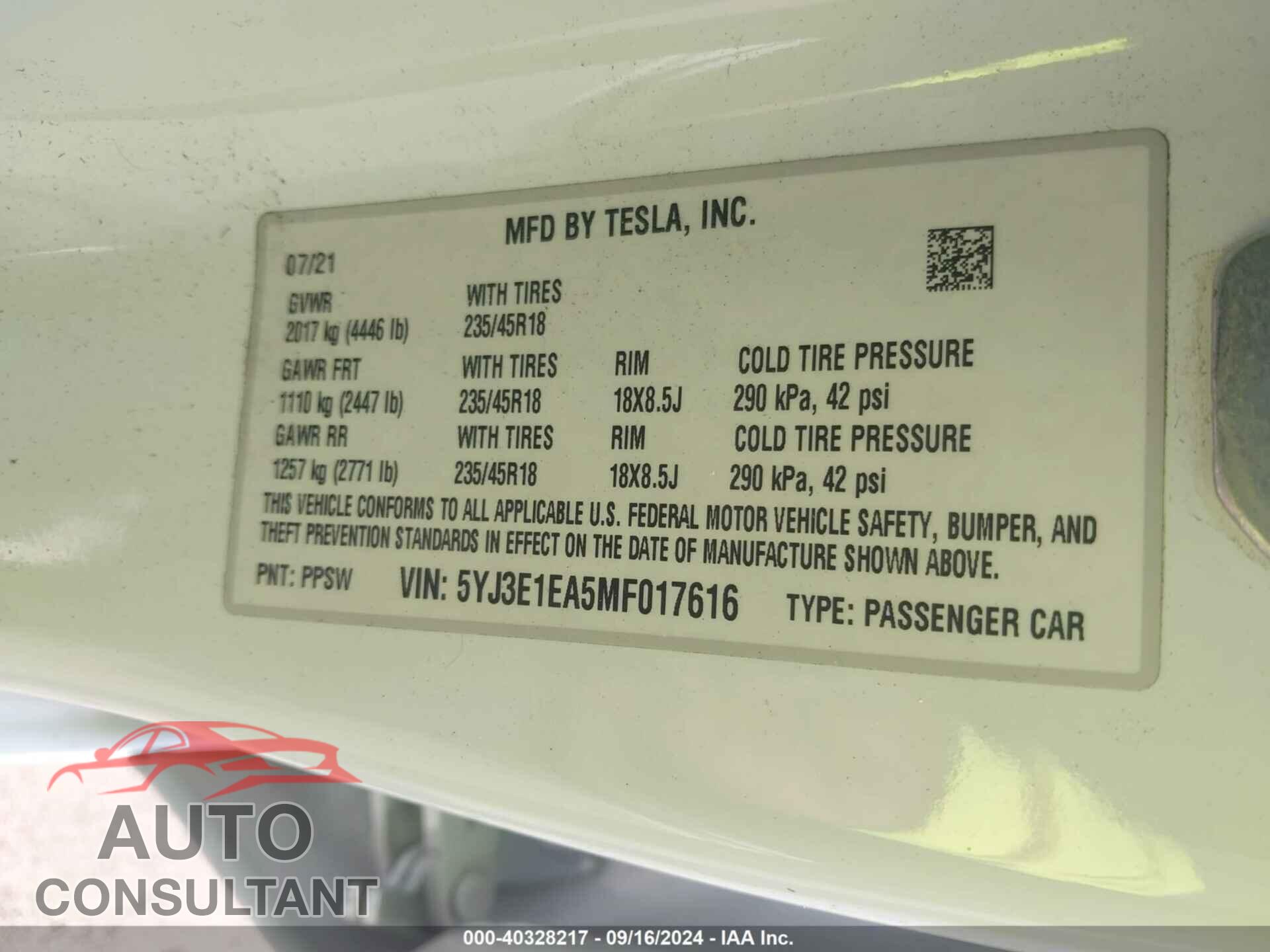 TESLA MODEL 3 2021 - 5YJ3E1EA5MF017616