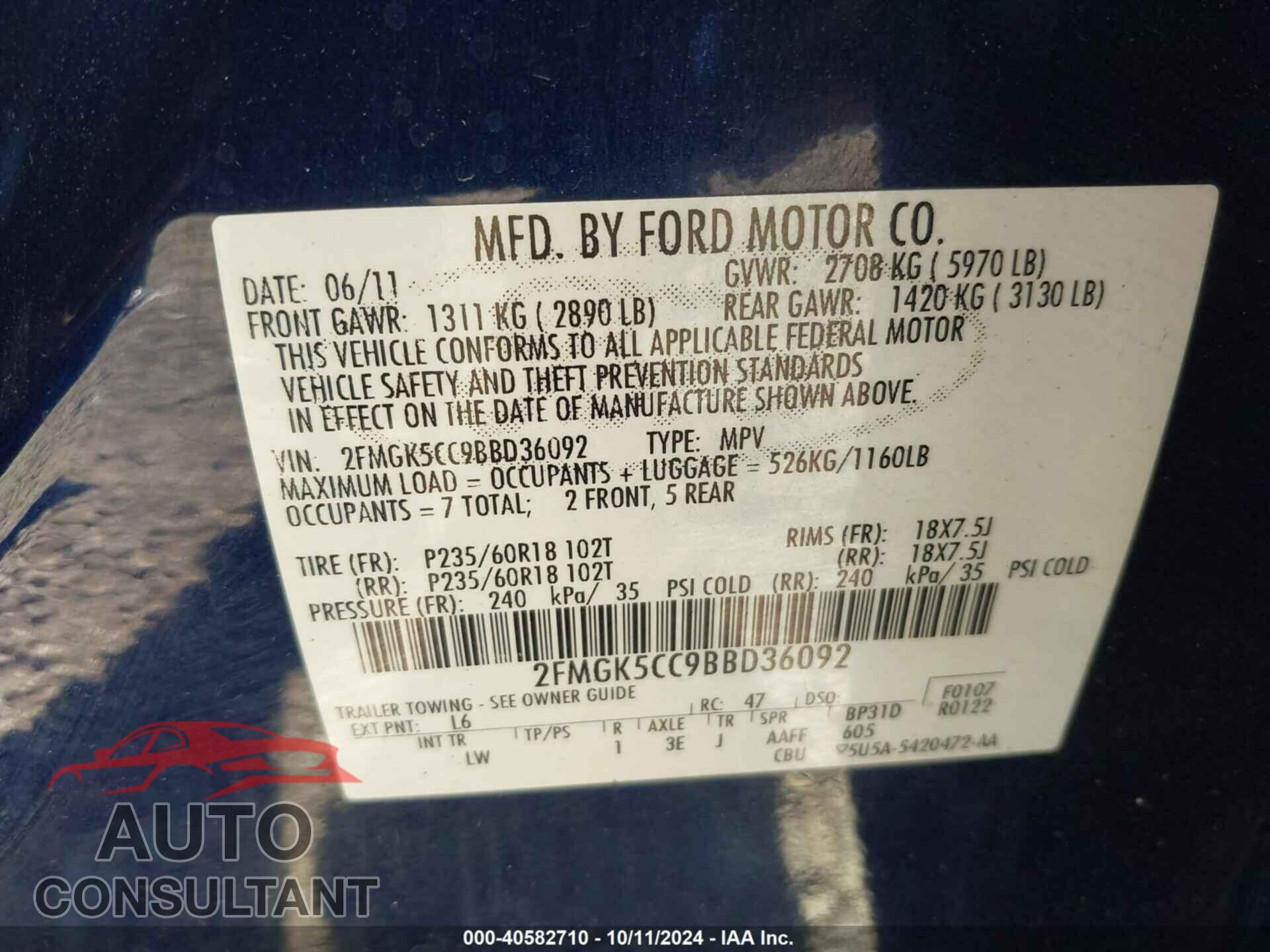 FORD FLEX 2011 - 2FMGK5CC9BBD36092