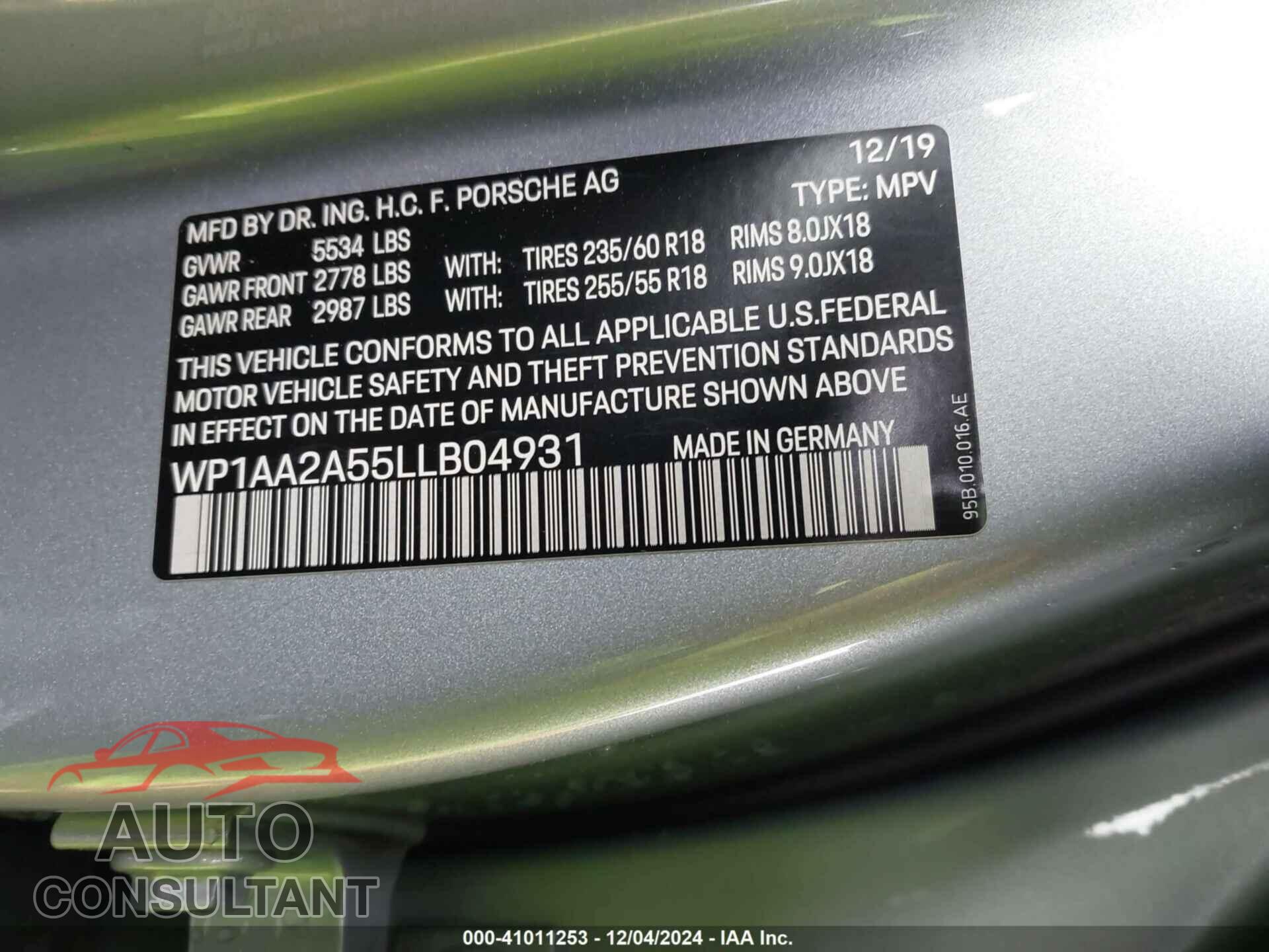 PORSCHE MACAN 2020 - WP1AA2A55LLB04931