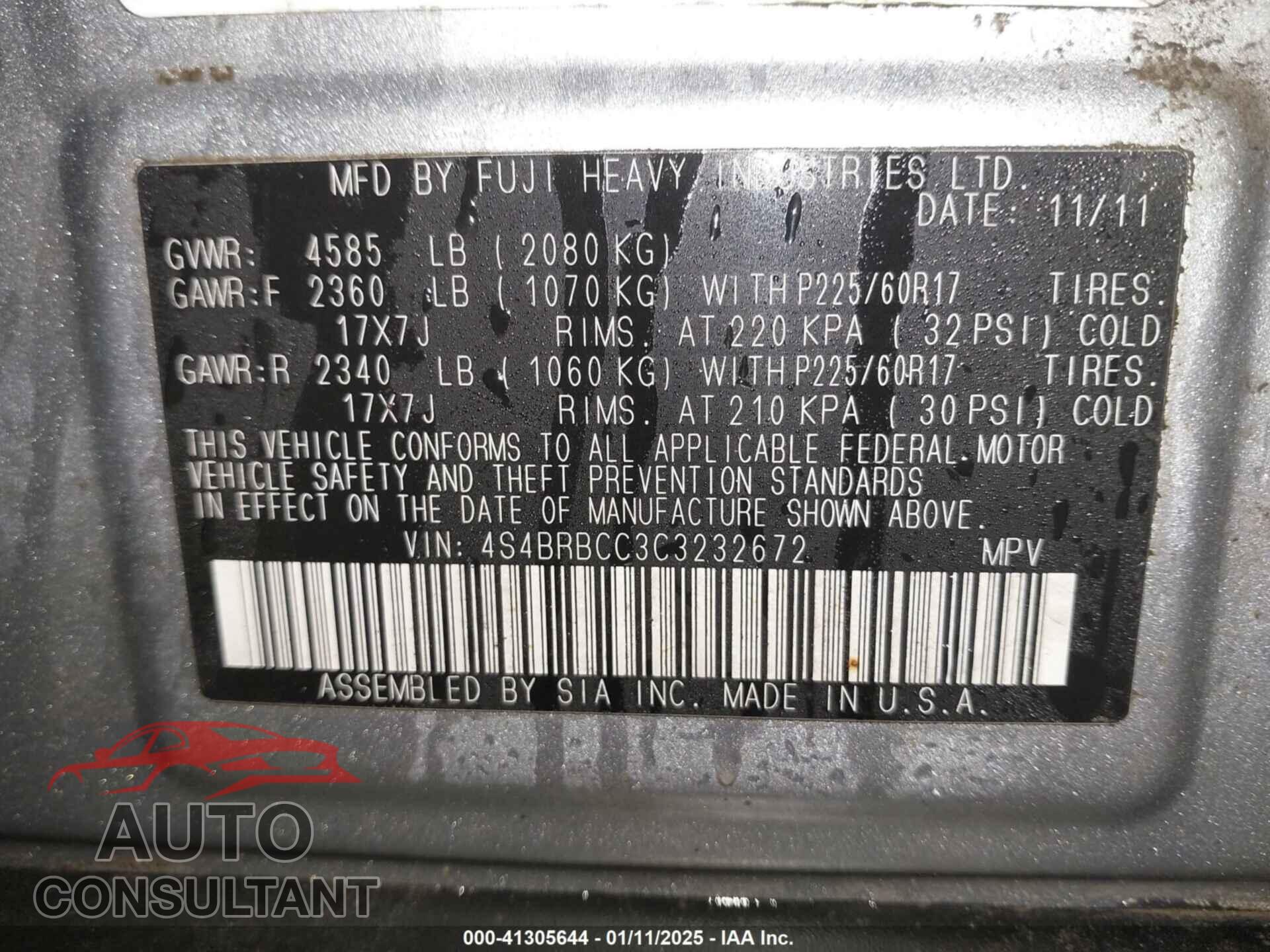 SUBARU OUTBACK 2012 - 4S4BRBCC3C3232672