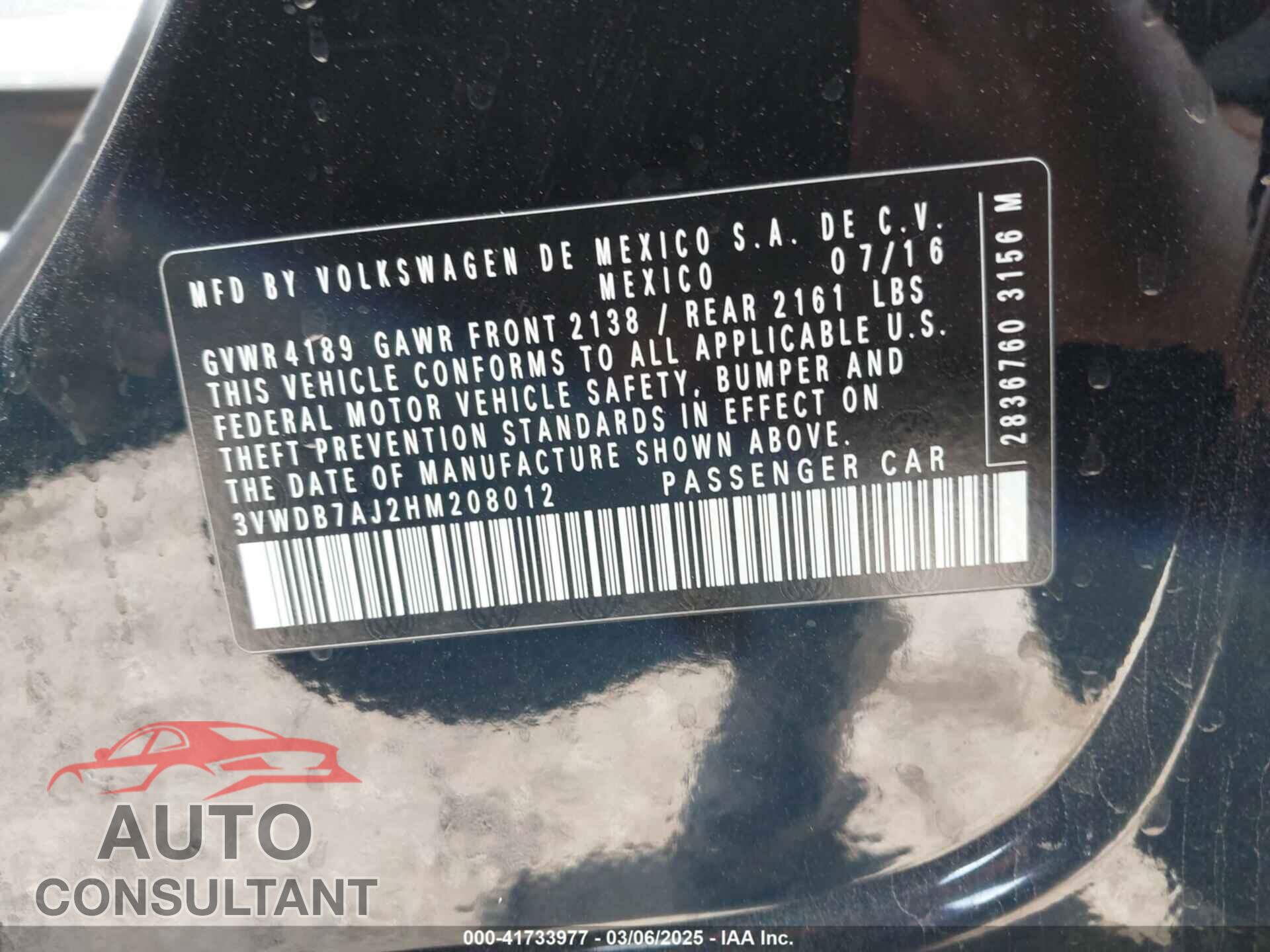 VOLKSWAGEN JETTA 2017 - 3VWDB7AJ2HM208012