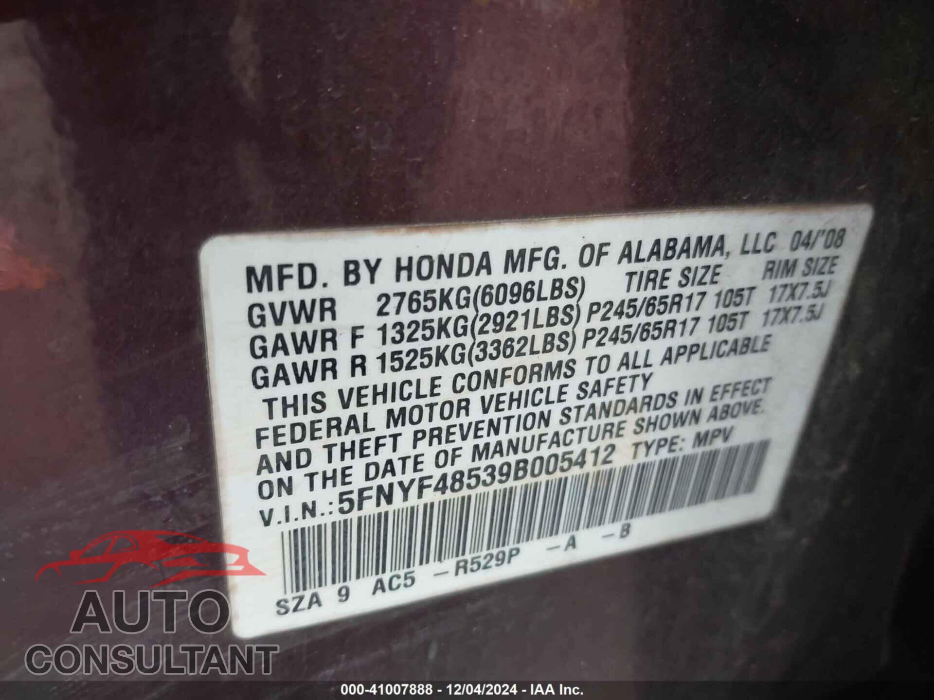 HONDA PILOT 2009 - 5FNYF48539B005412