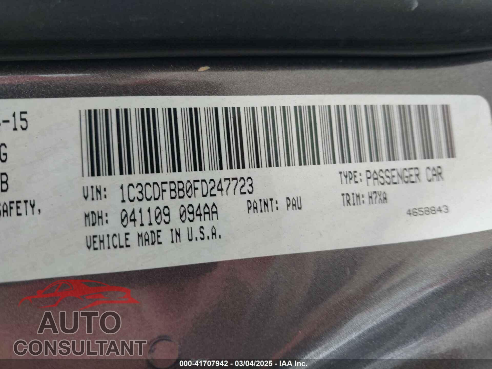 DODGE DART 2015 - 1C3CDFBB0FD247723