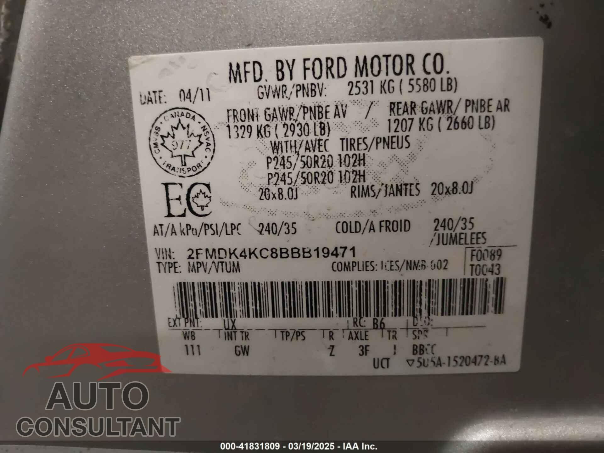 FORD EDGE 2011 - 2FMDK4KC8BBB19471