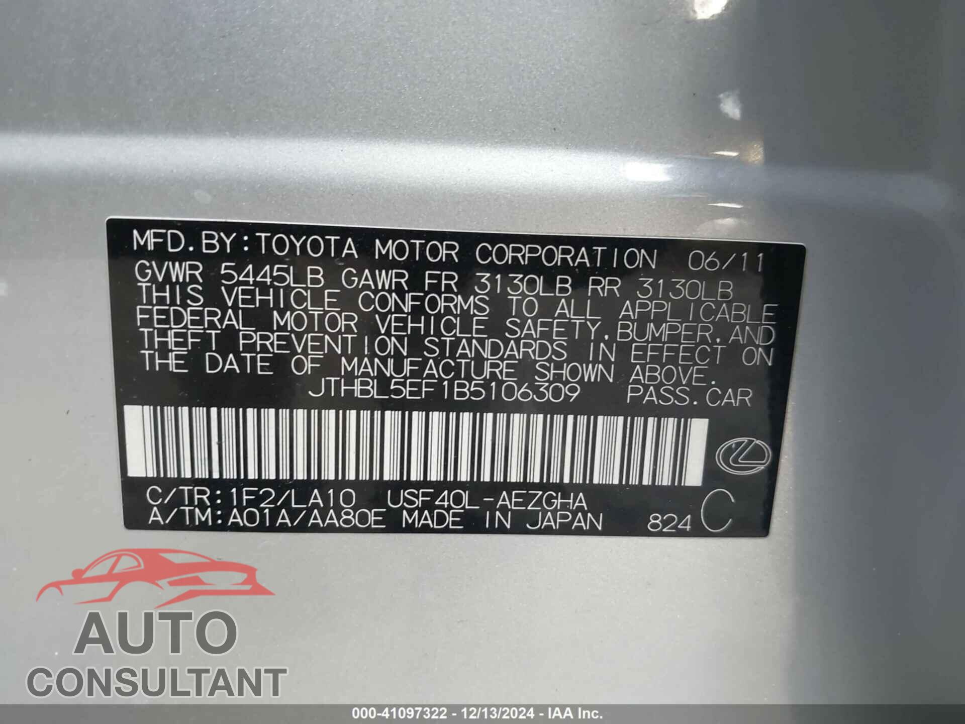 LEXUS LS 460 2011 - JTHBL5EF1B5106309