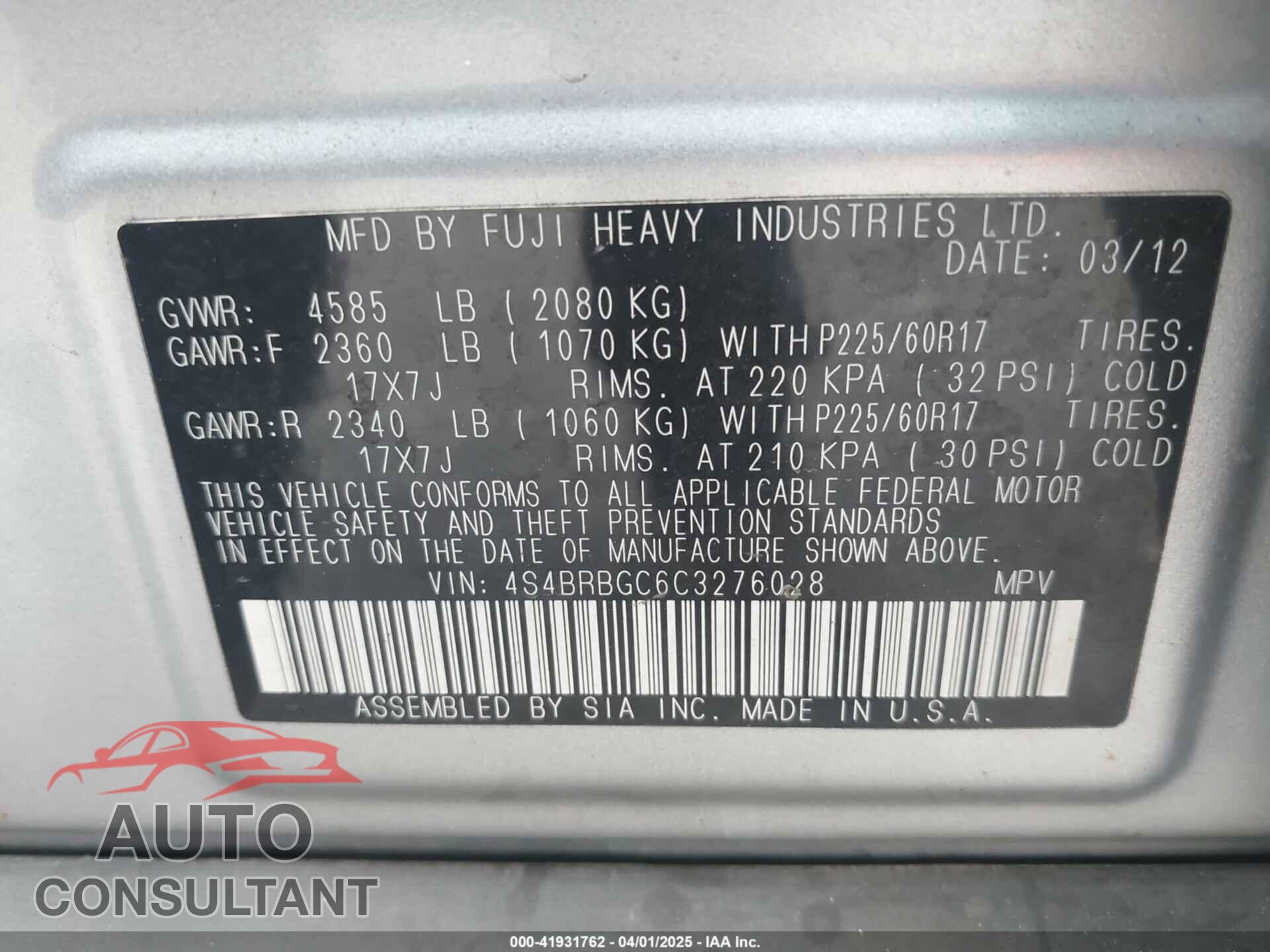 SUBARU OUTBACK 2012 - 4S4BRBGC6C3276028
