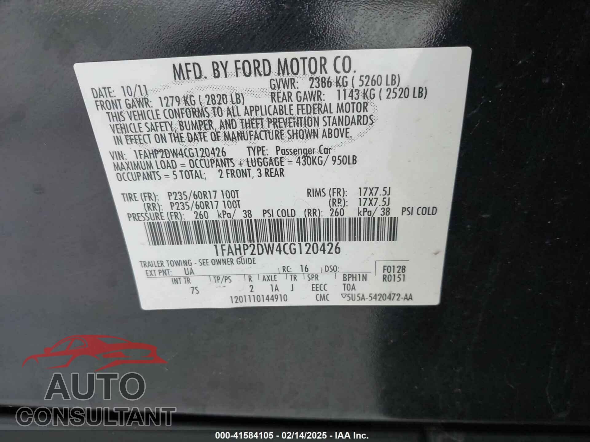 FORD TAURUS 2012 - 1FAHP2DW4CG120426