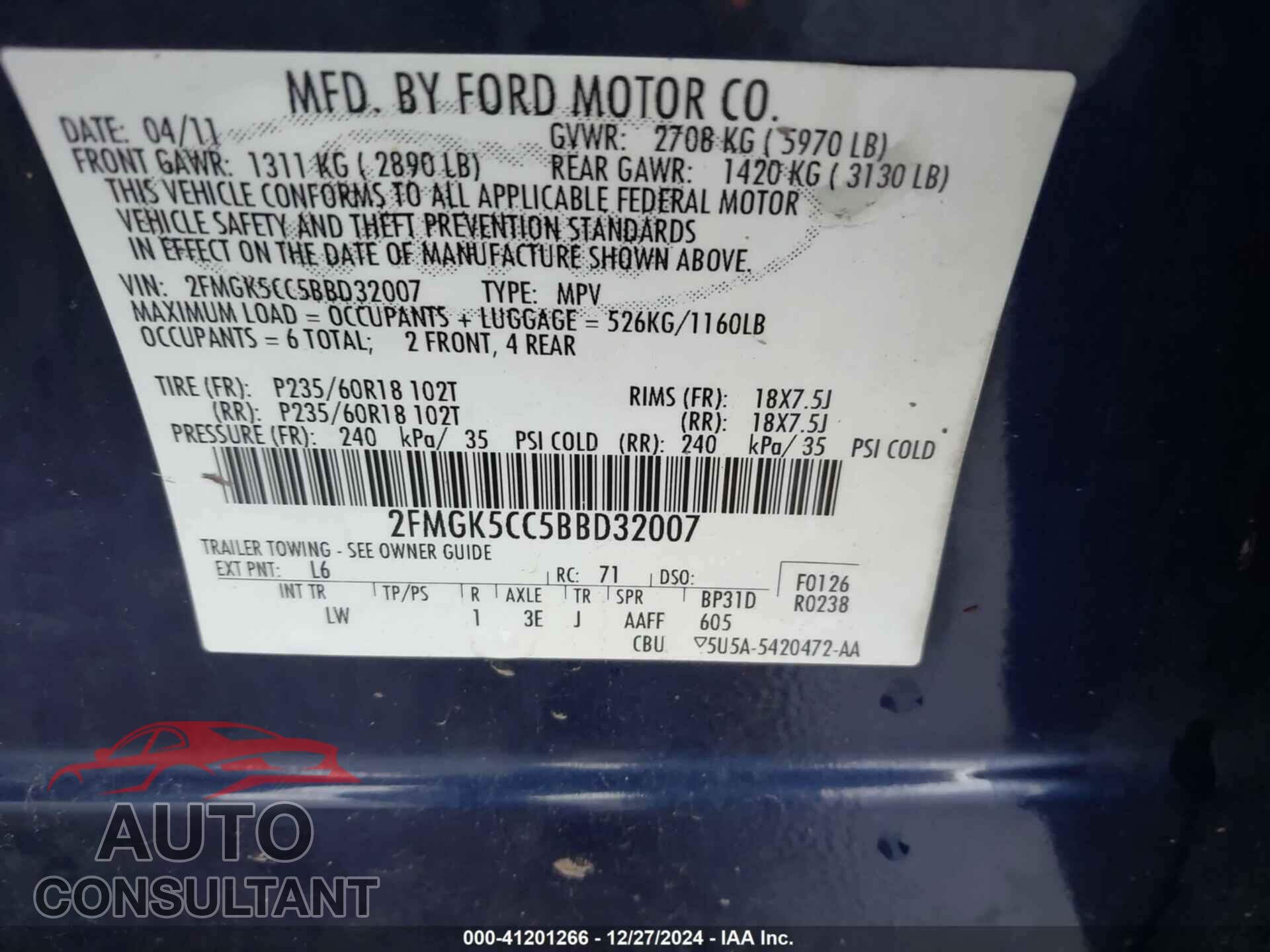 FORD FLEX 2011 - 2FMGK5CC5BBD32007