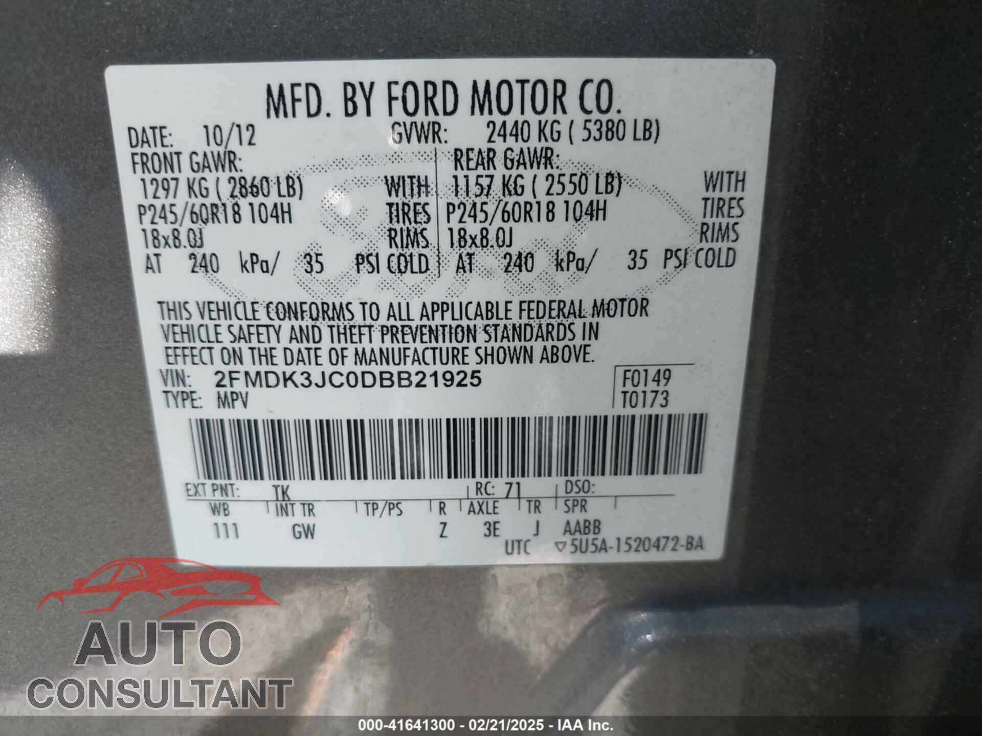 FORD EDGE 2013 - 2FMDK3JC0DBB21925