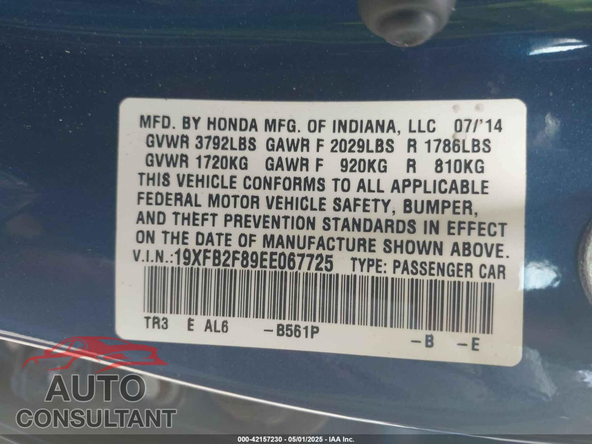 HONDA CIVIC 2014 - 19XFB2F89EE067725