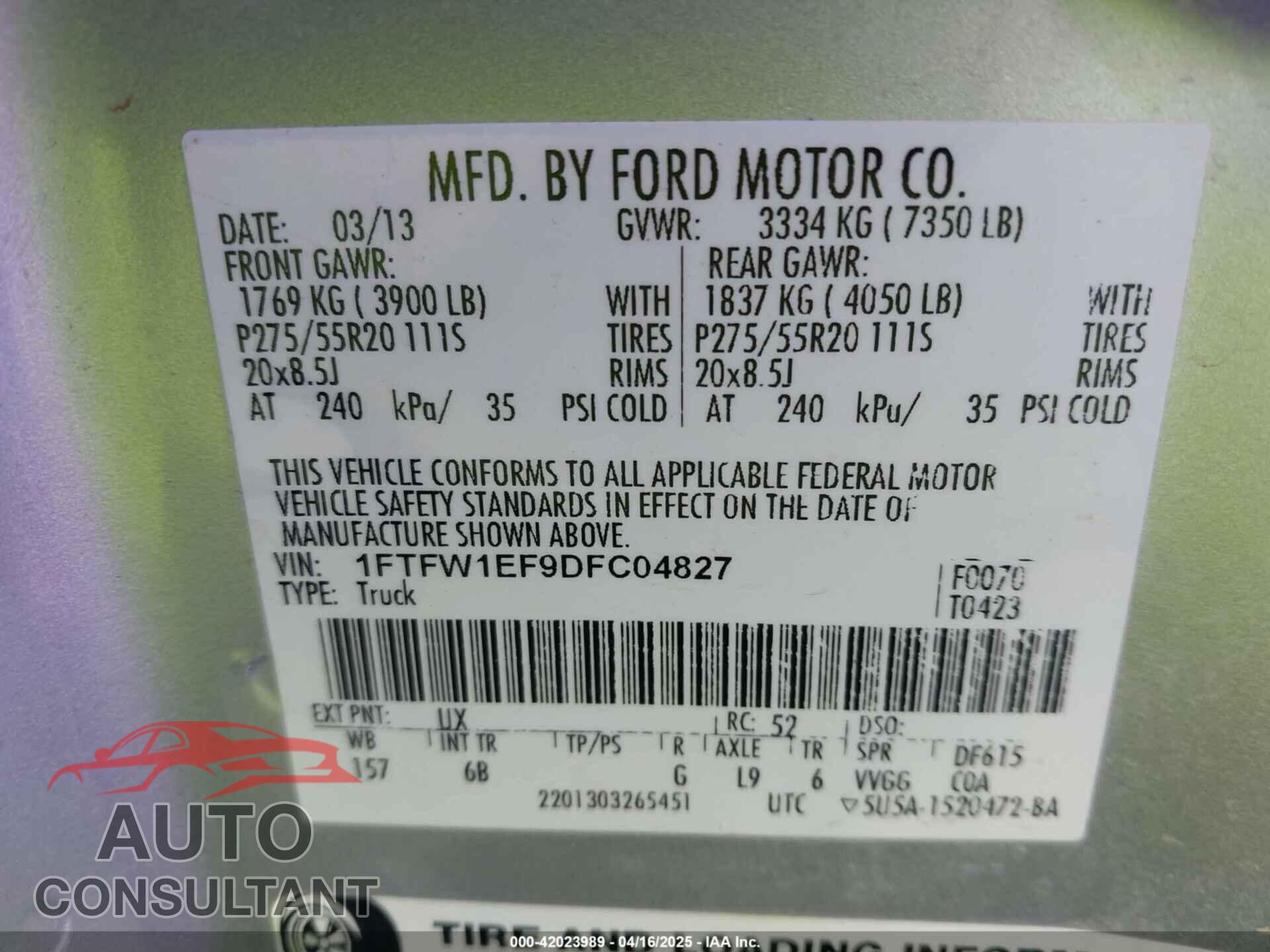 FORD F-150 2013 - 1FTFW1EF9DFC04827