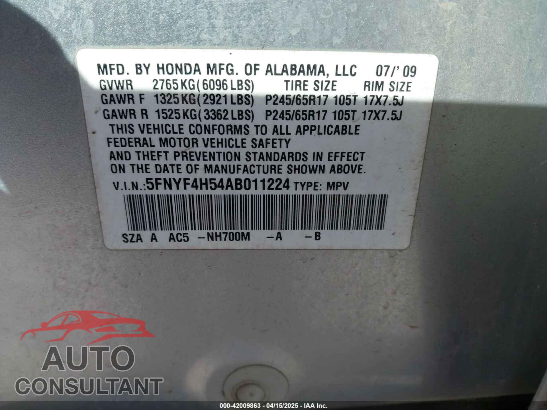 HONDA PILOT 2010 - 5FNYF4H54AB011224