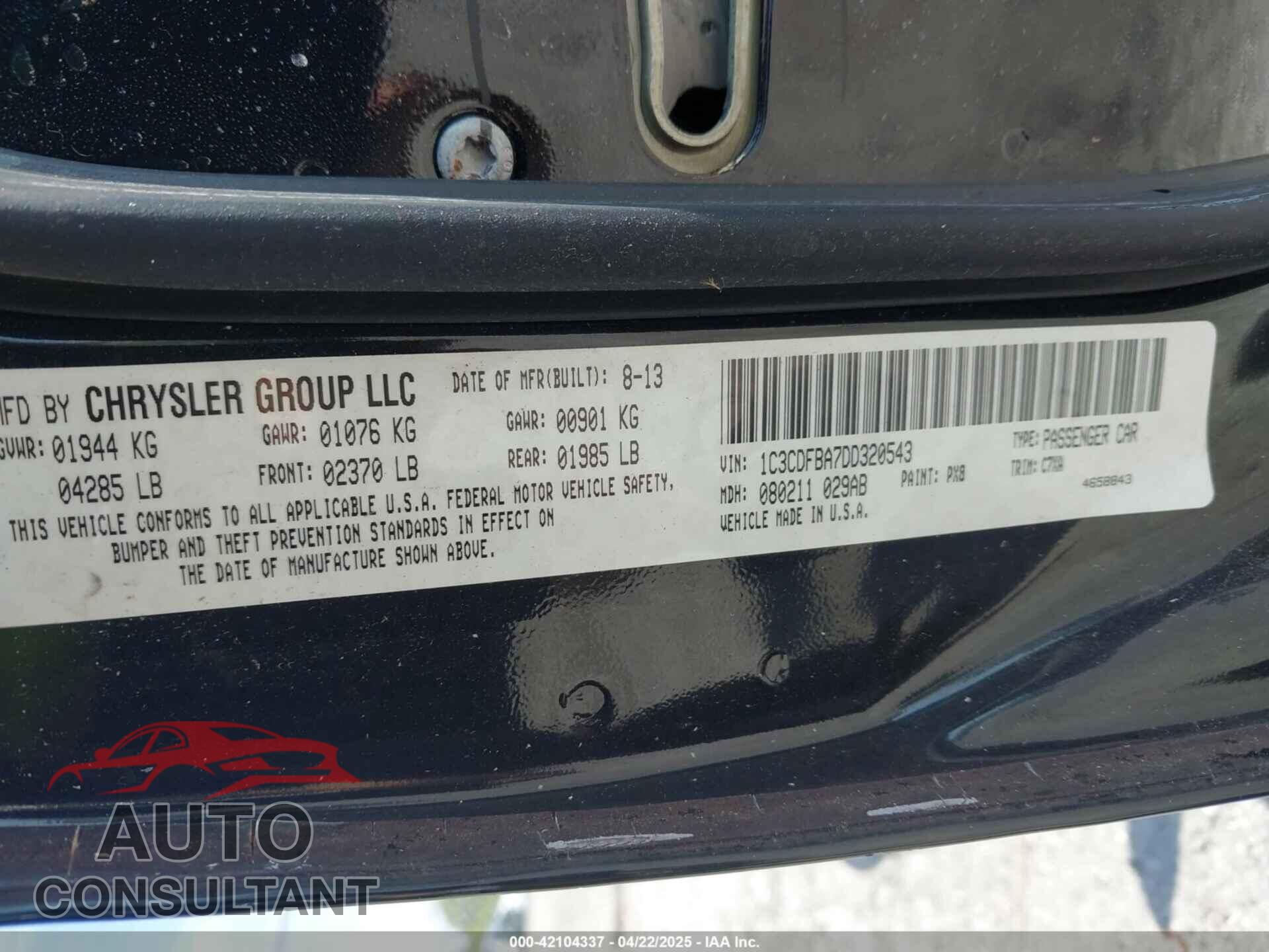 DODGE DART 2013 - 1C3CDFBA7DD320543