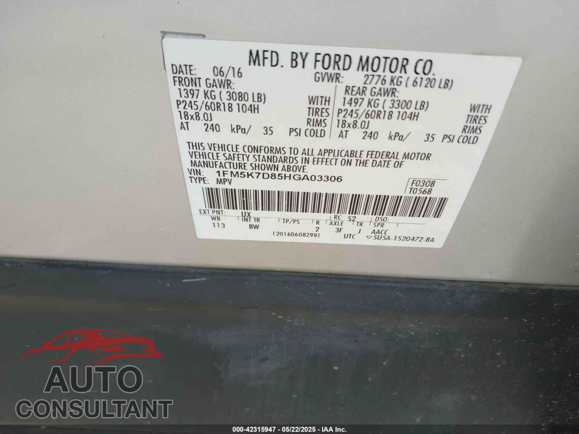 FORD EXPLORER 2017 - 1FM5K7D85HGA03306