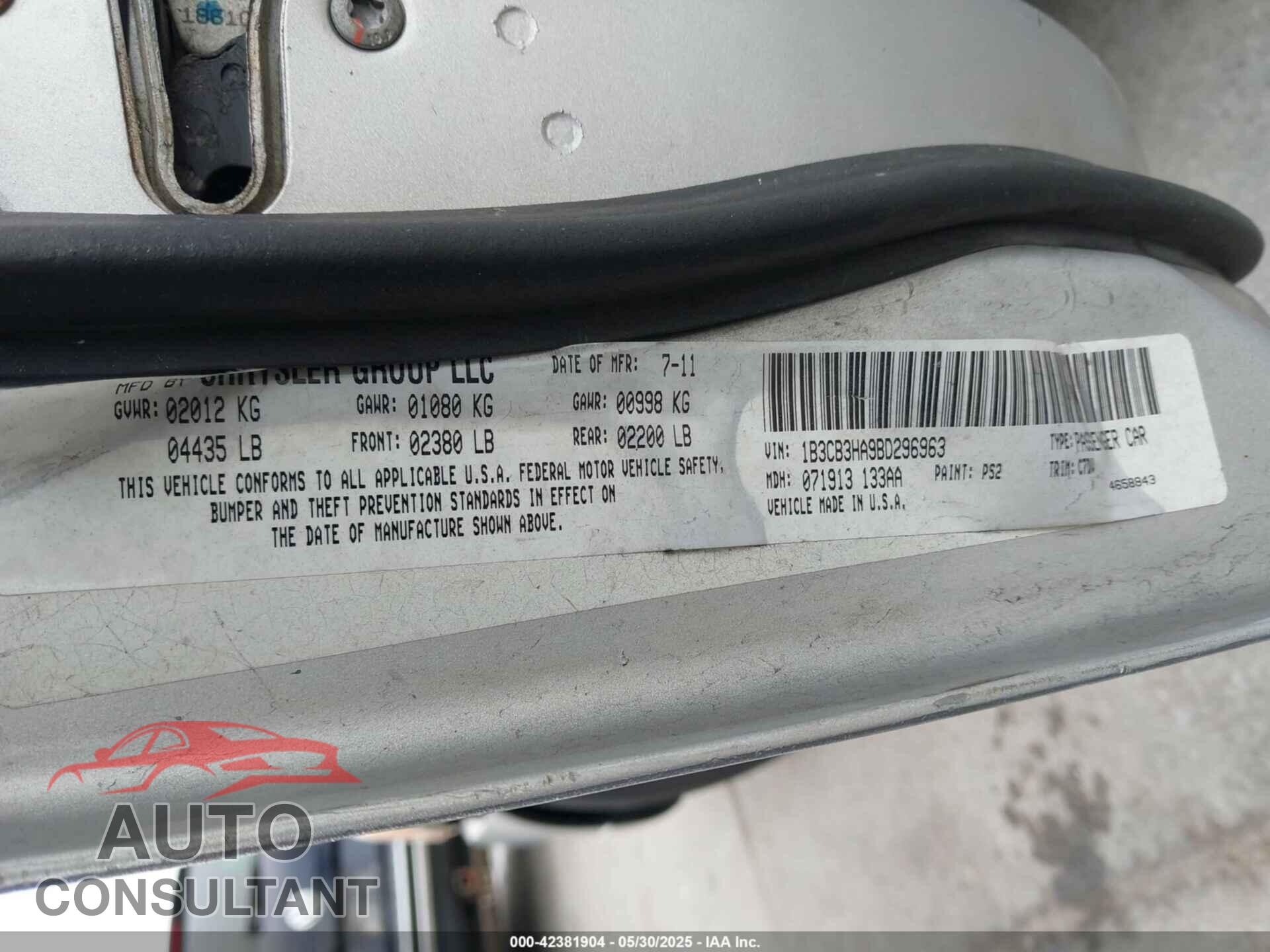 DODGE CALIBER 2011 - 1B3CB3HA9BD296963