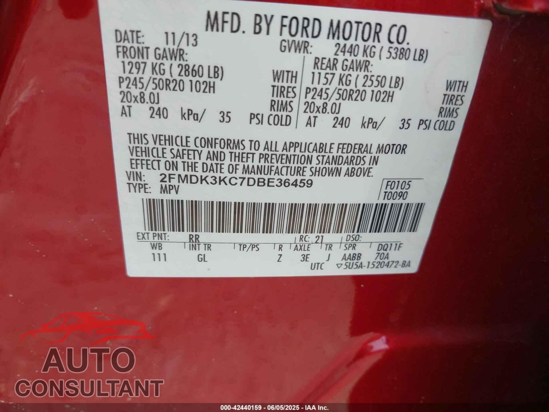 FORD EDGE 2013 - 2FMDK3KC7DBE36459