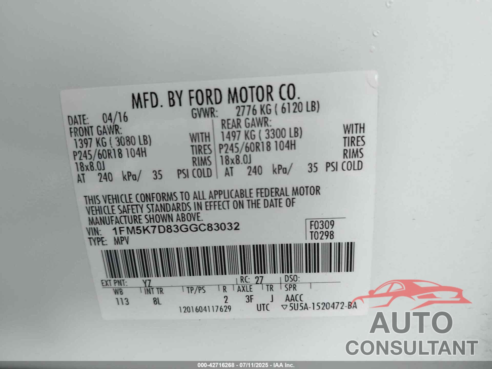 FORD EXPLORER 2016 - 1FM5K7D83GGC83032