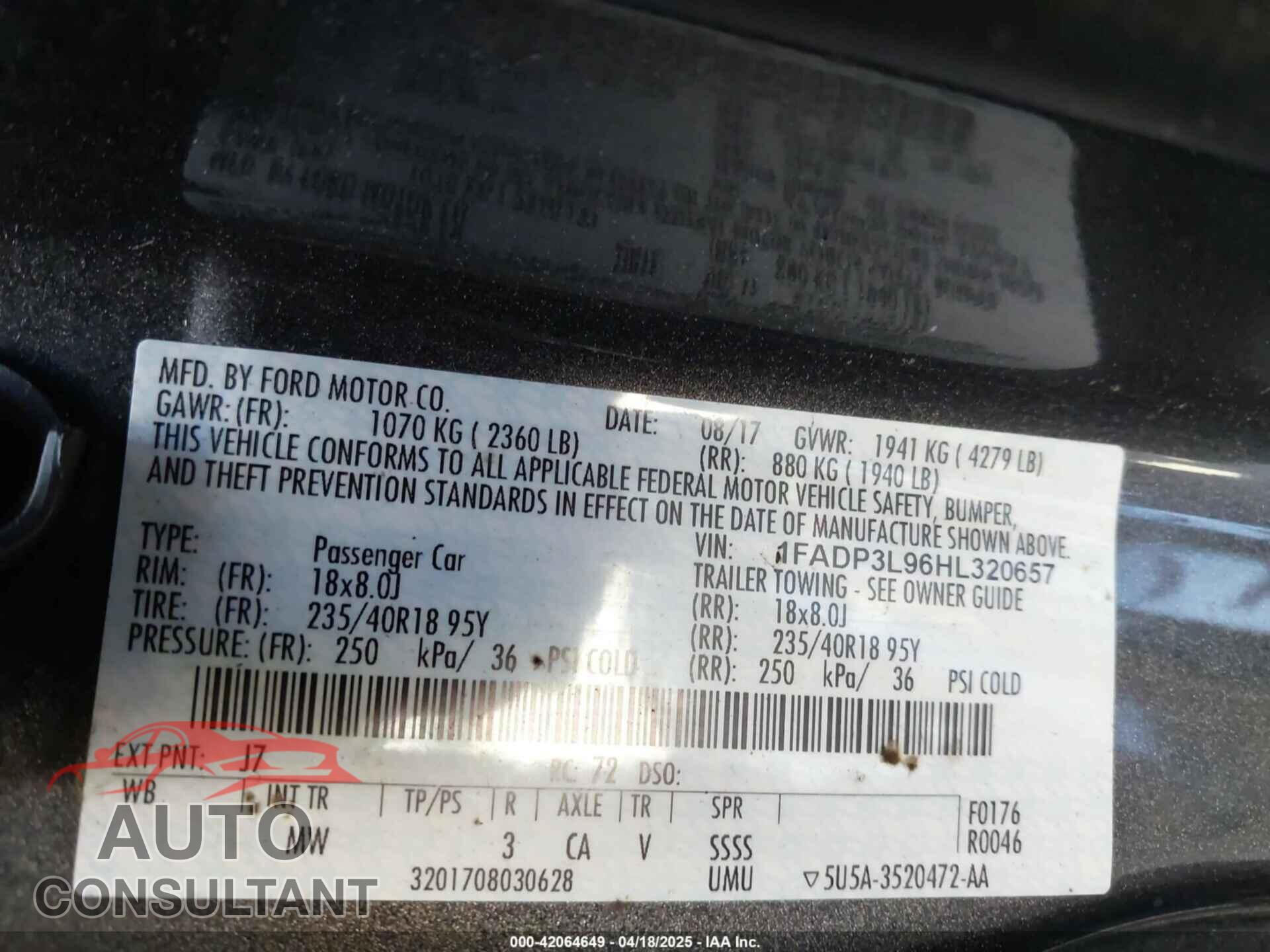 FORD FOCUS ST 2017 - 1FADP3L96HL320657
