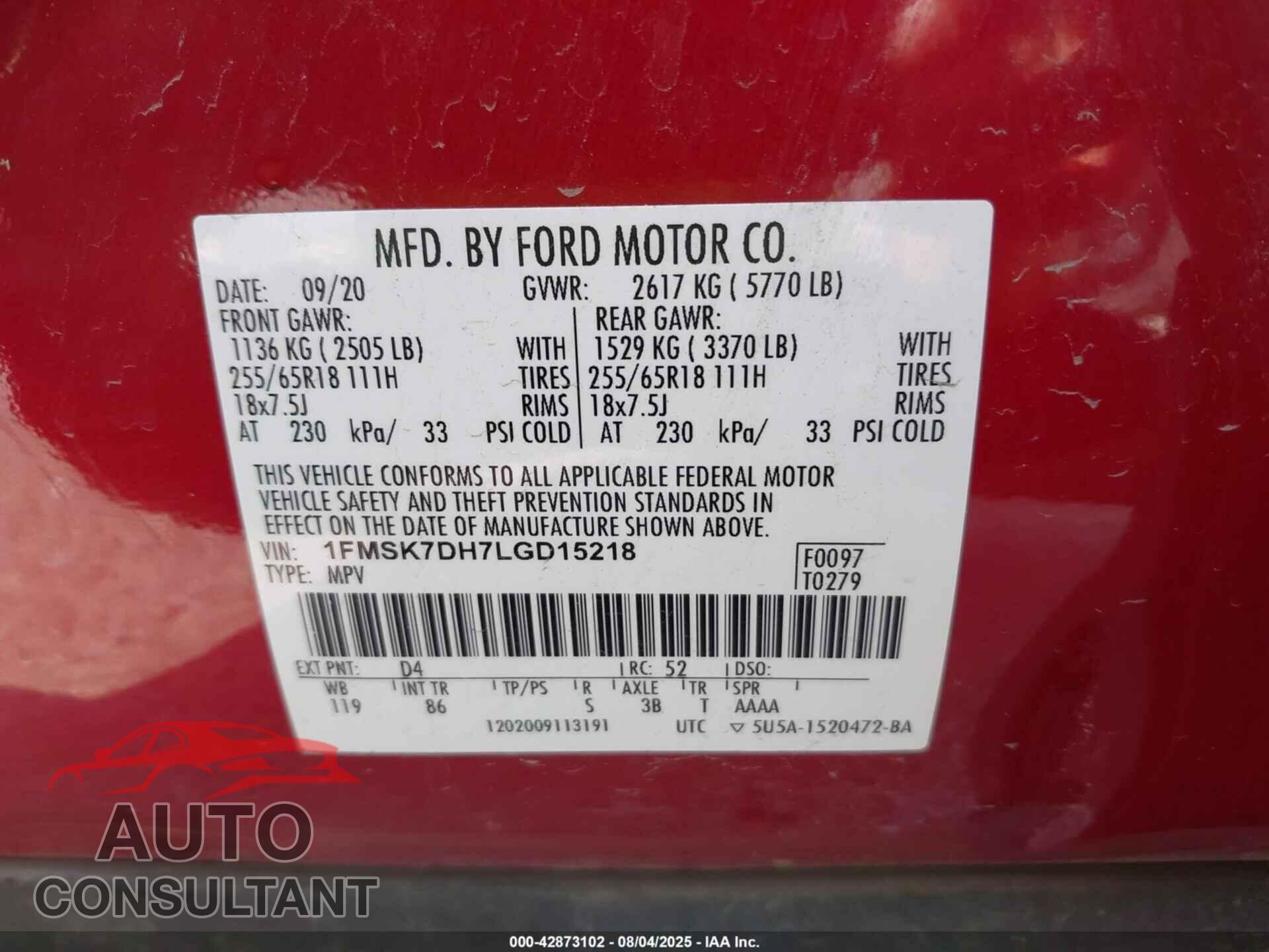 FORD EXPLORER 2020 - 1FMSK7DH7LGD15218