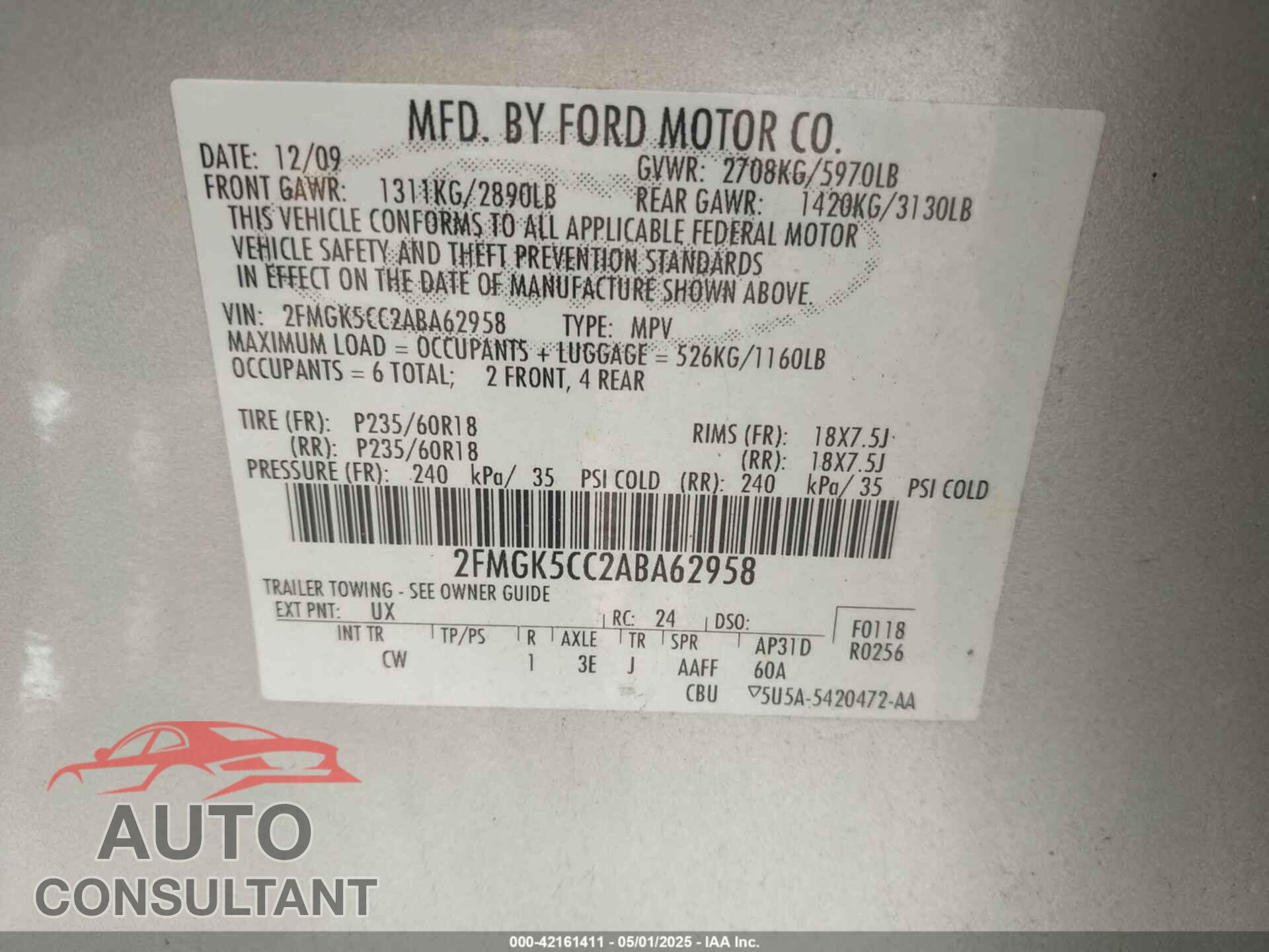 FORD FLEX 2010 - 2FMGK5CC2ABA62958