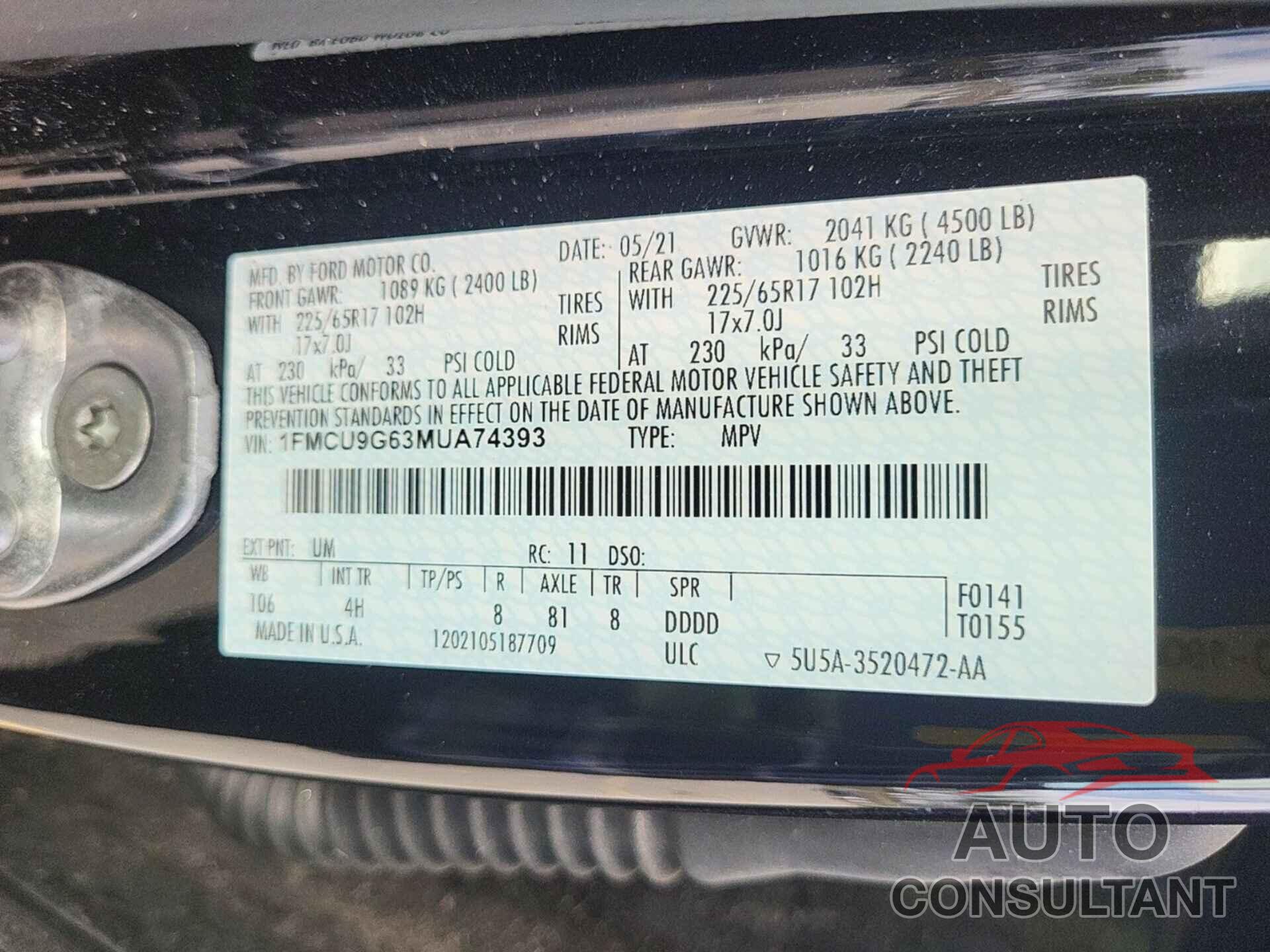FORD ESCAPE 2021 - 1FMCU9G63MUA74393