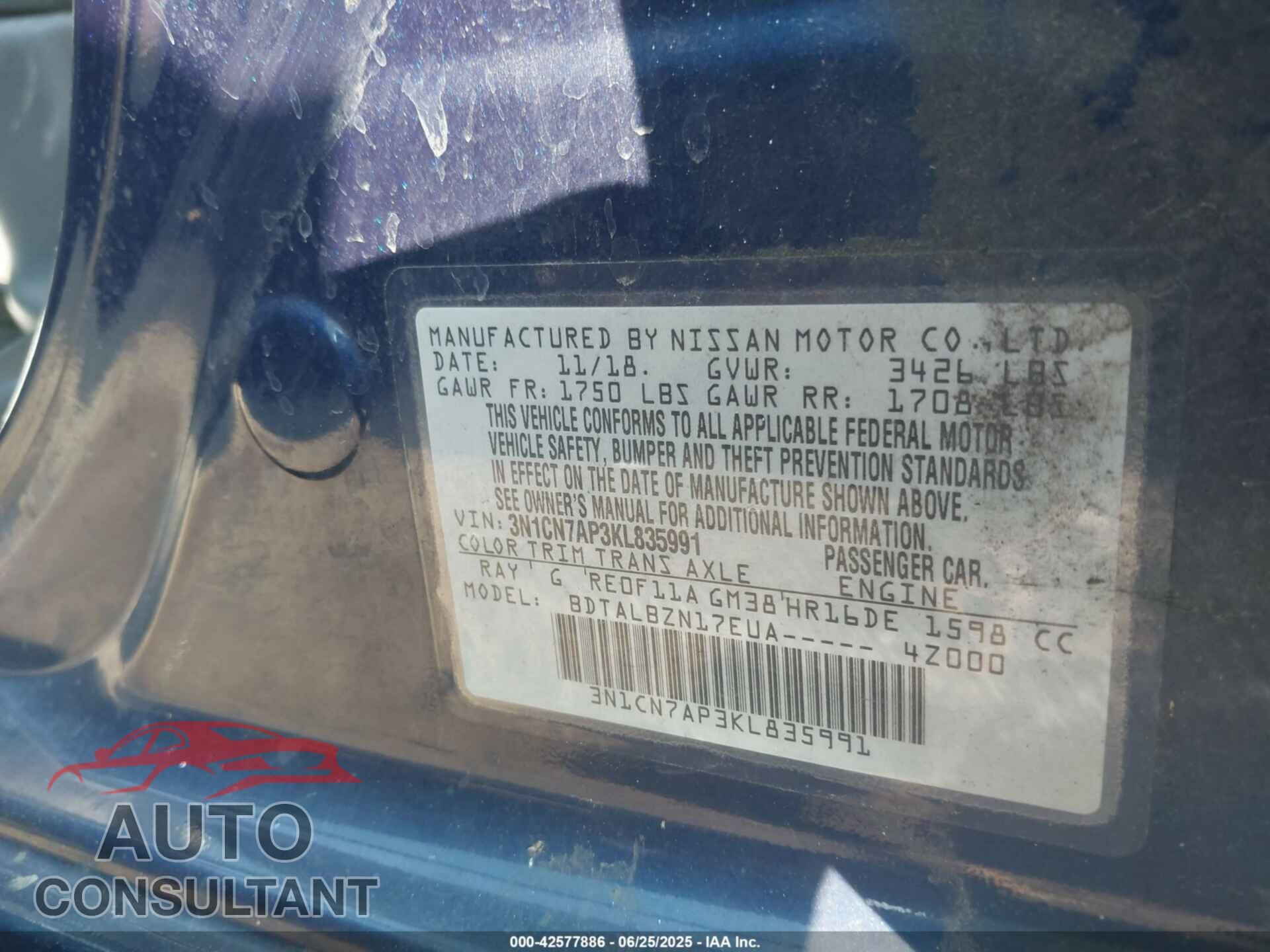 NISSAN VERSA 2019 - 3N1CN7AP3KL835991