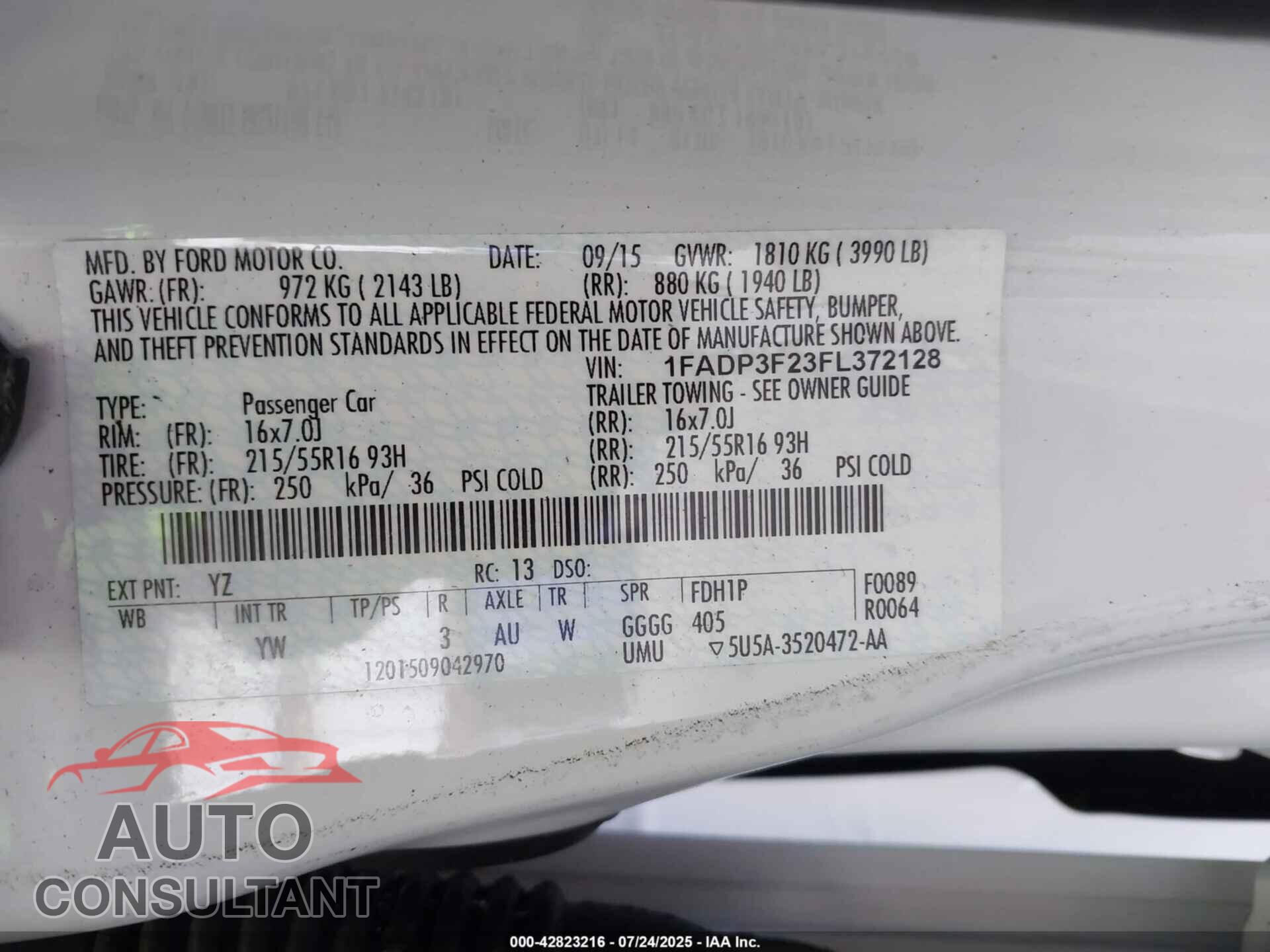 FORD FOCUS 2015 - 1FADP3F23FL372128