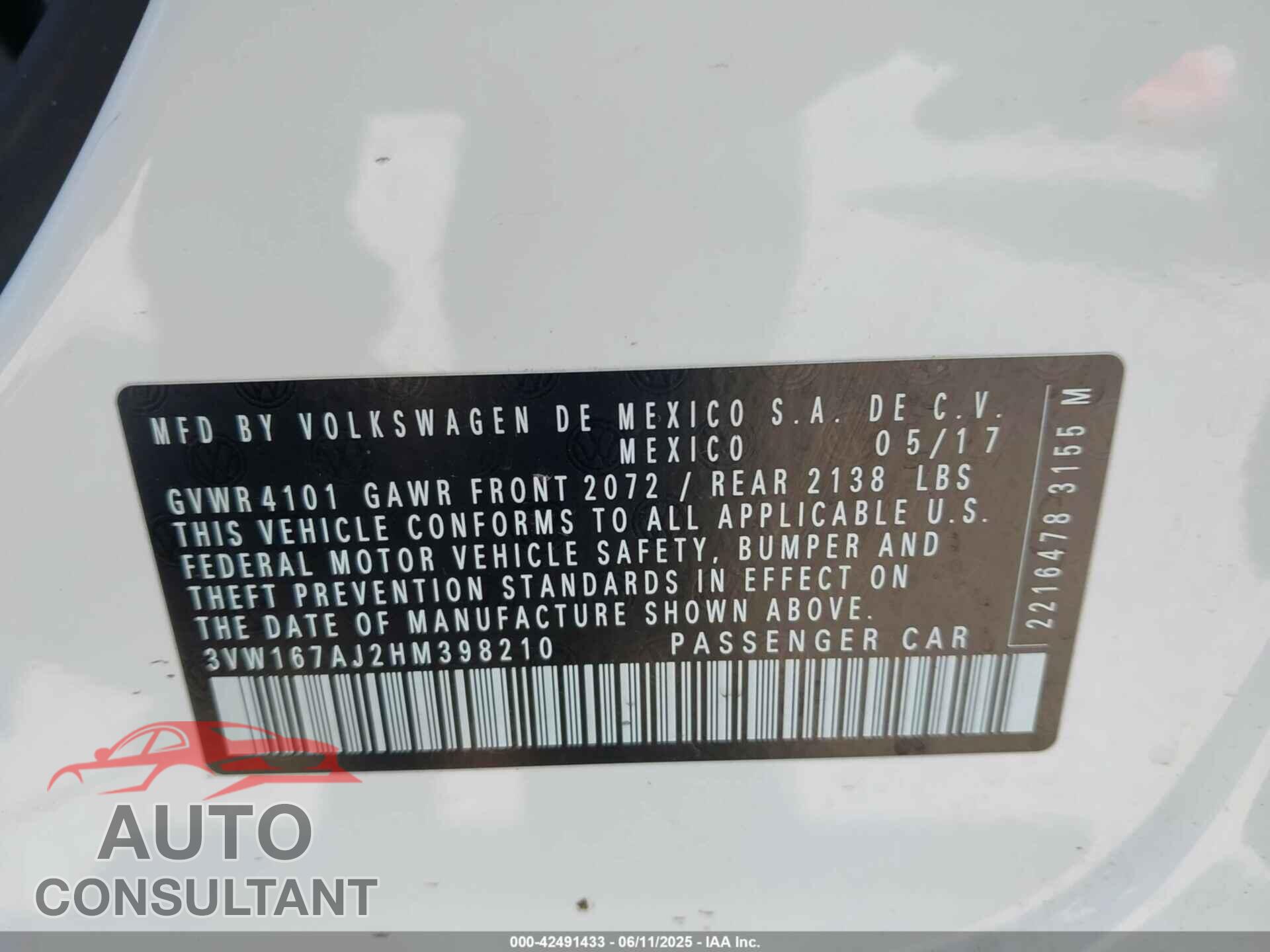 VOLKSWAGEN JETTA 2017 - 3VW167AJ2HM398210