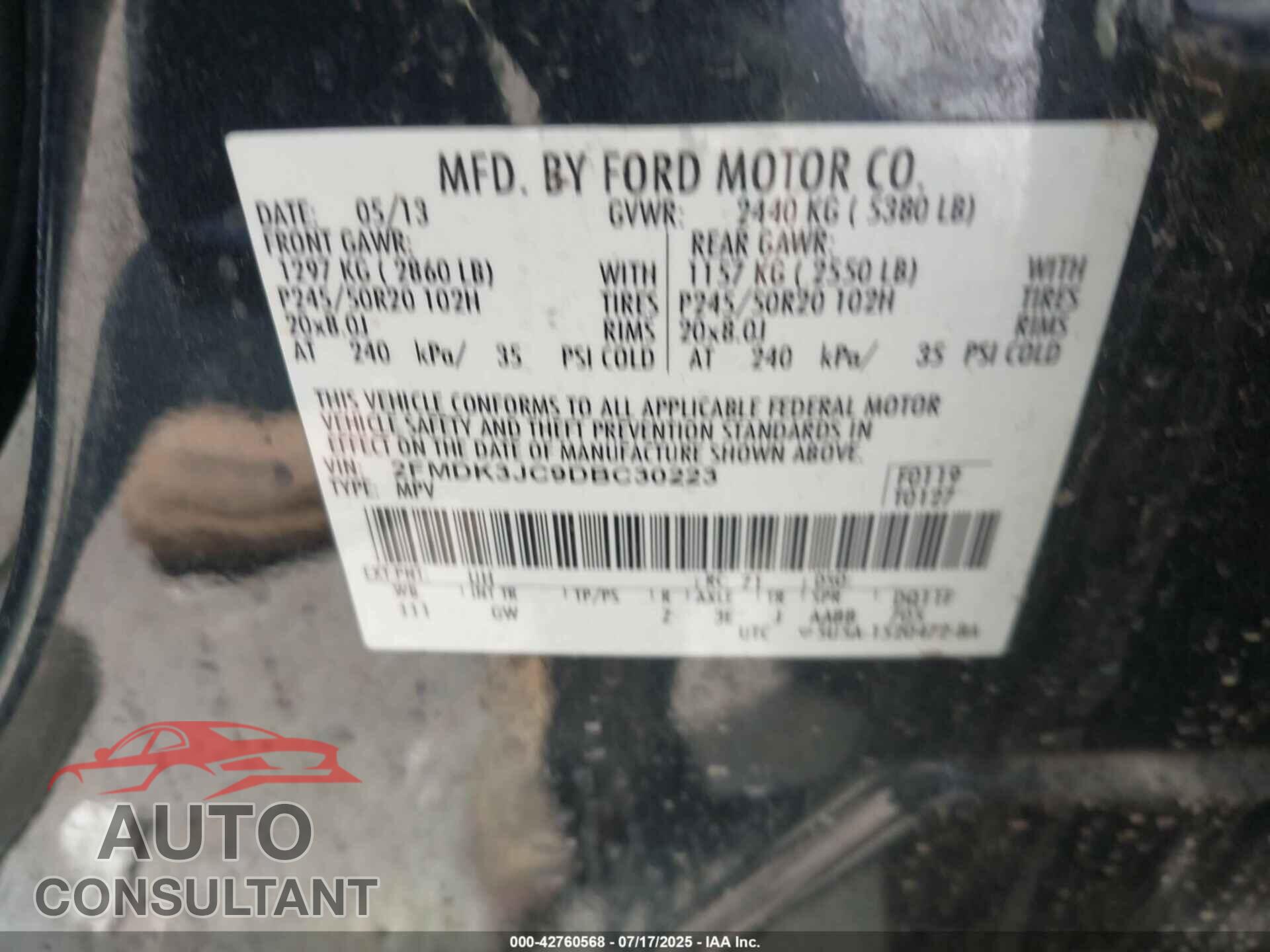 FORD EDGE 2013 - 2FMDK3JC9DBC30223
