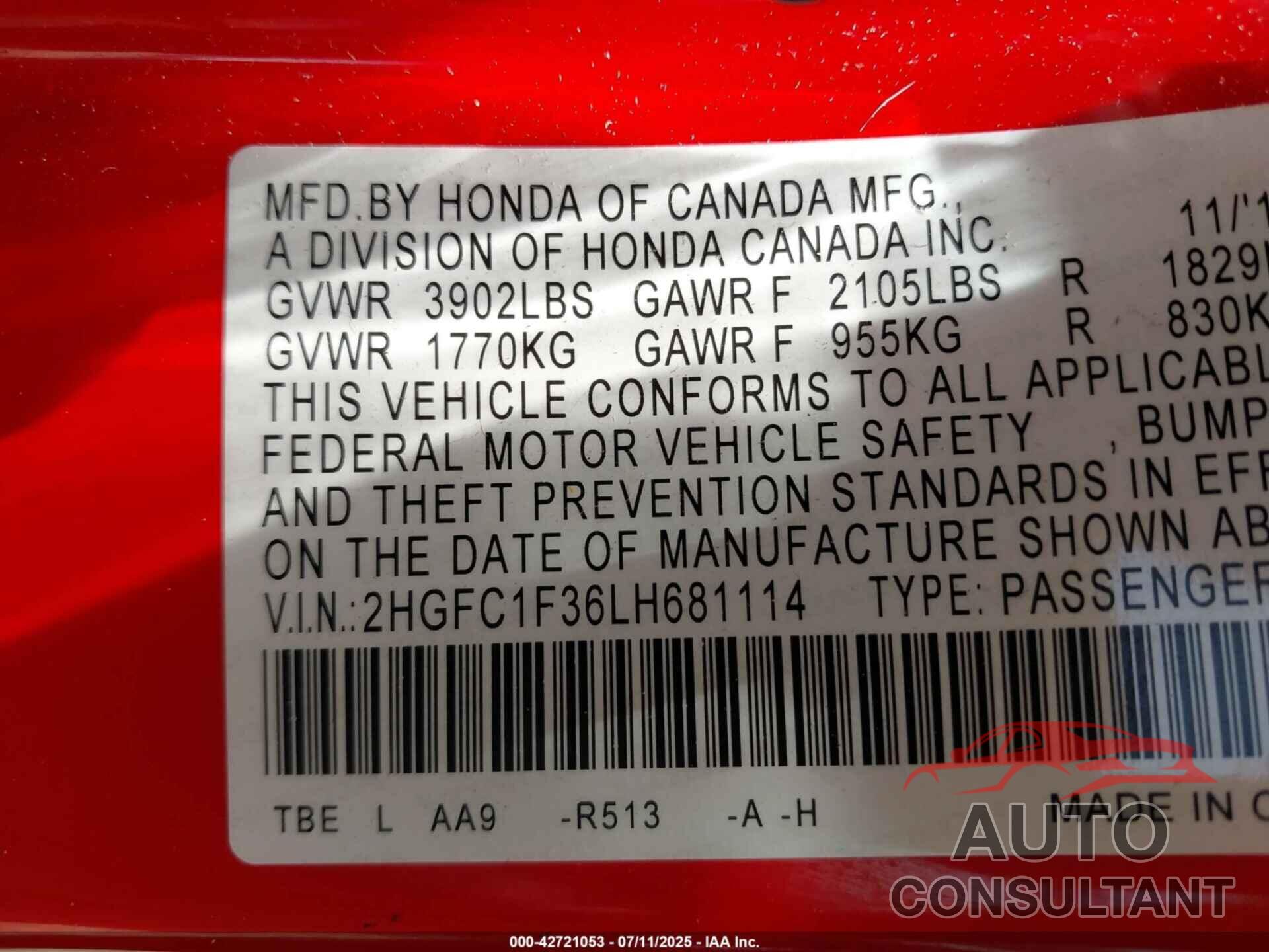 HONDA CIVIC 2020 - 2HGFC1F36LH681114