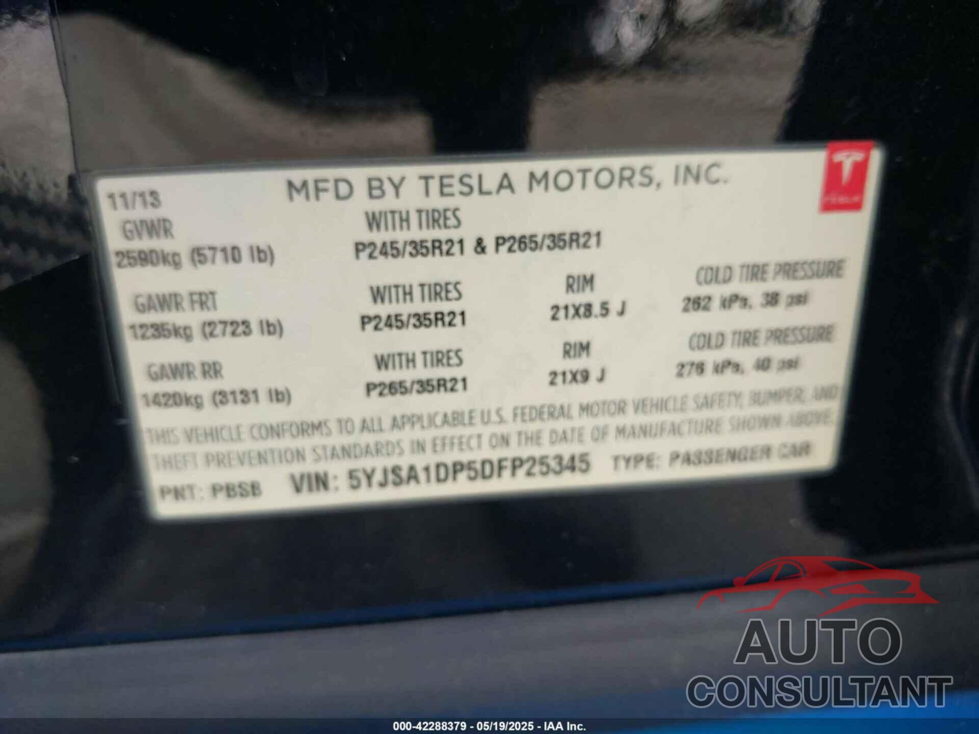 TESLA MODEL S 2013 - 5YJSA1DP5DFP25345