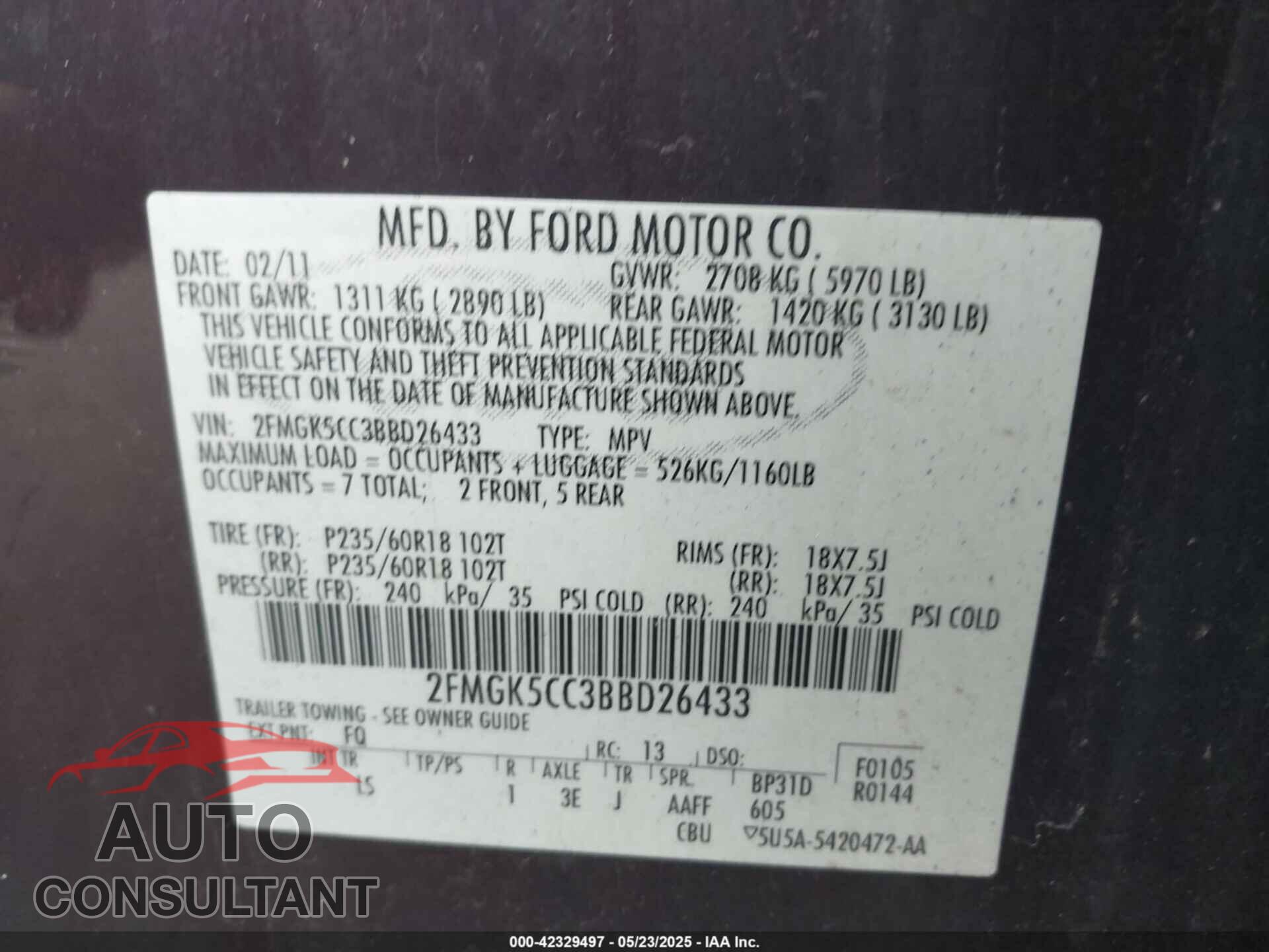 FORD FLEX 2011 - 2FMGK5CC3BBD26433