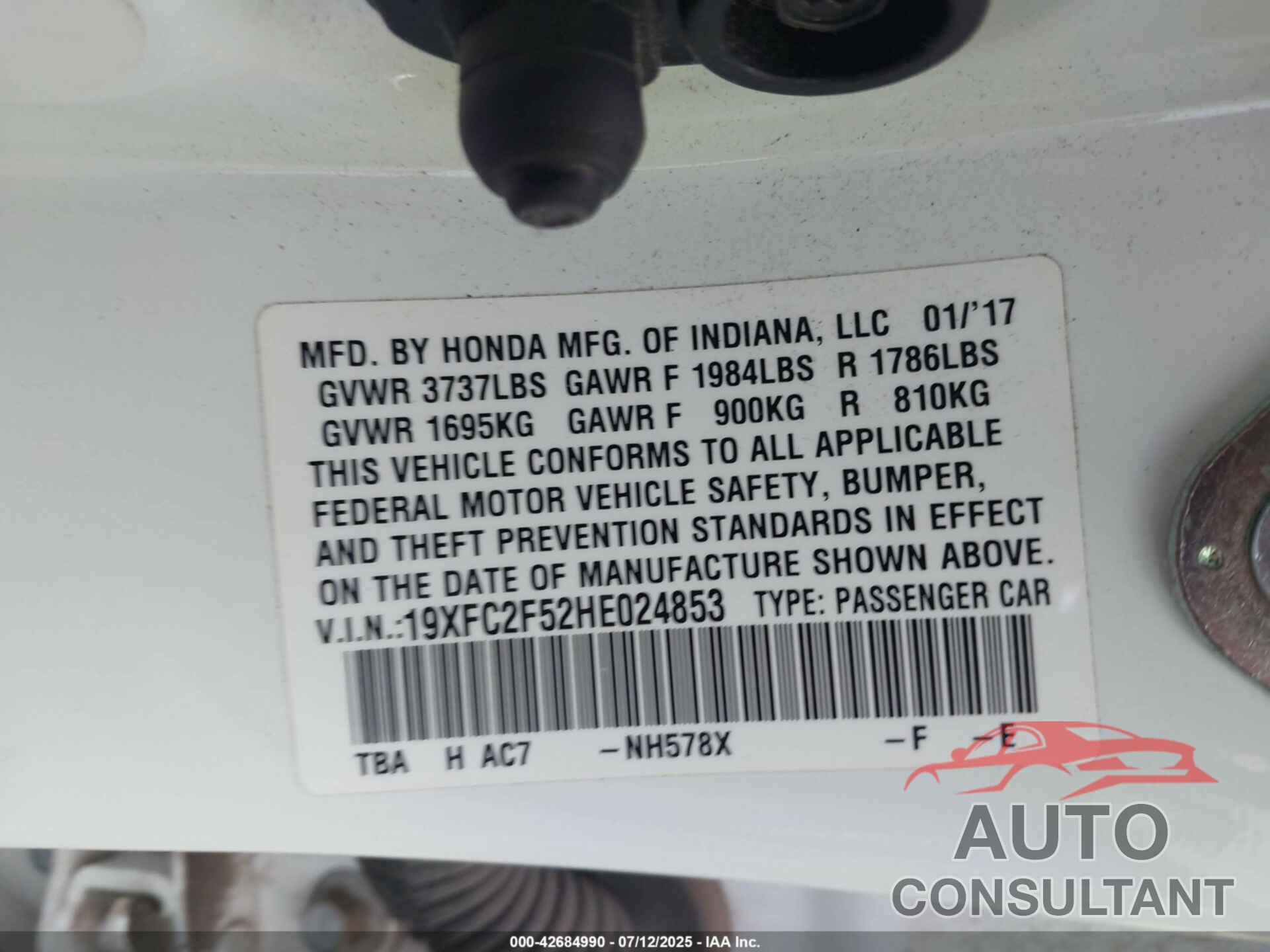 HONDA CIVIC 2017 - 19XFC2F52HE024853