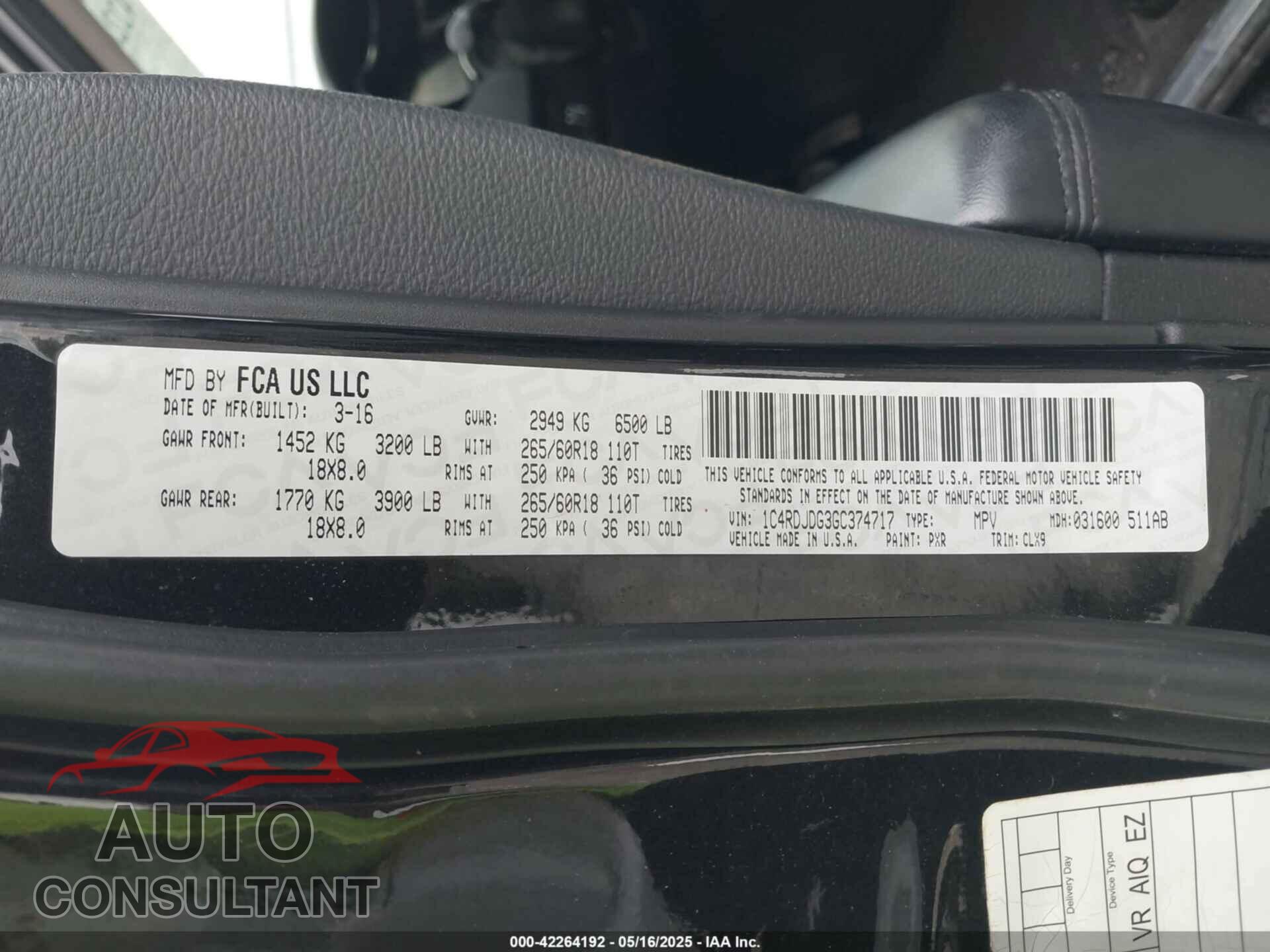 DODGE DURANGO 2016 - 1C4RDJDG3GC374717