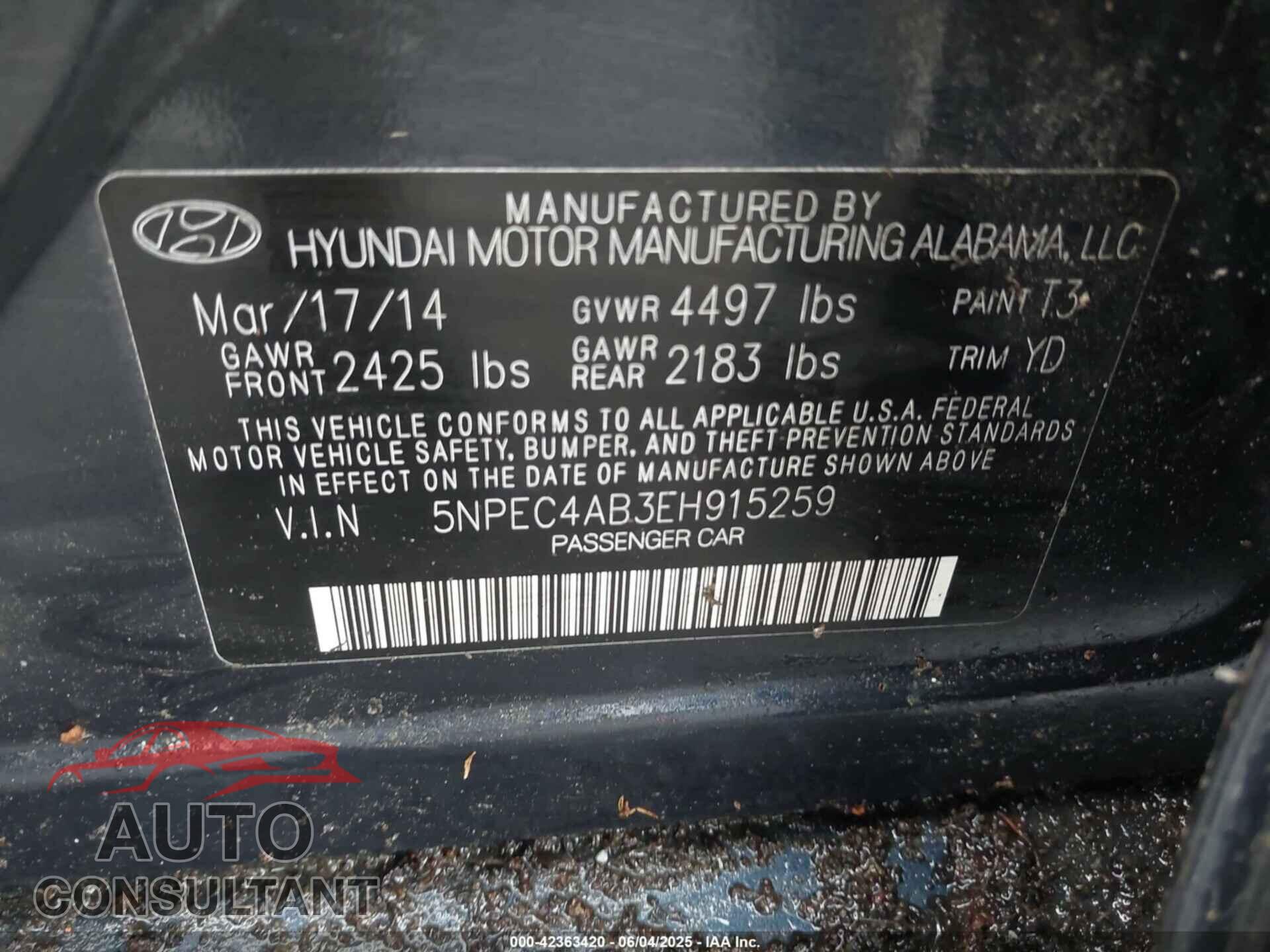 HYUNDAI SONATA 2014 - 5NPEC4AB3EH915259