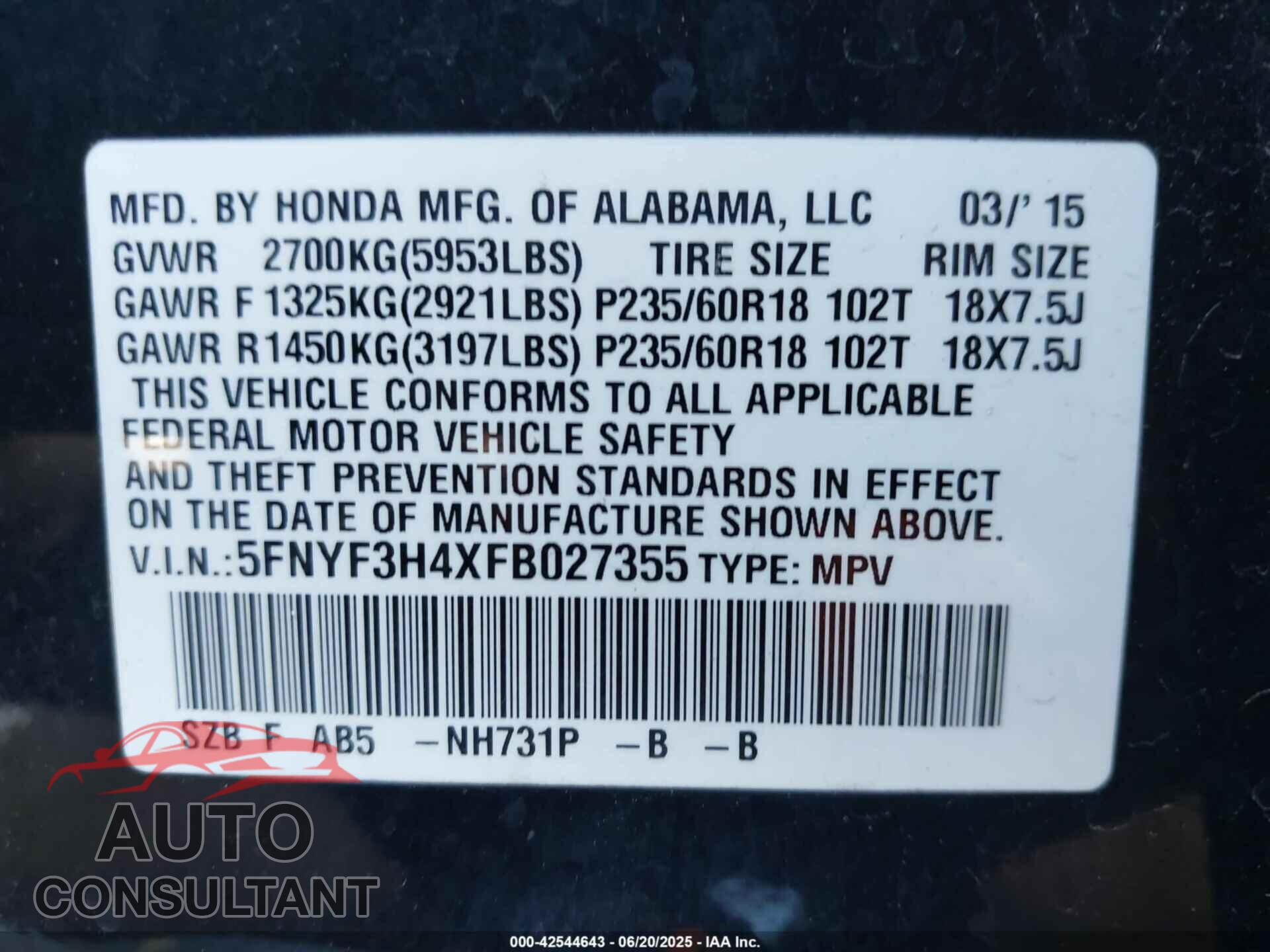 HONDA PILOT 2015 - 5FNYF3H4XFB027355