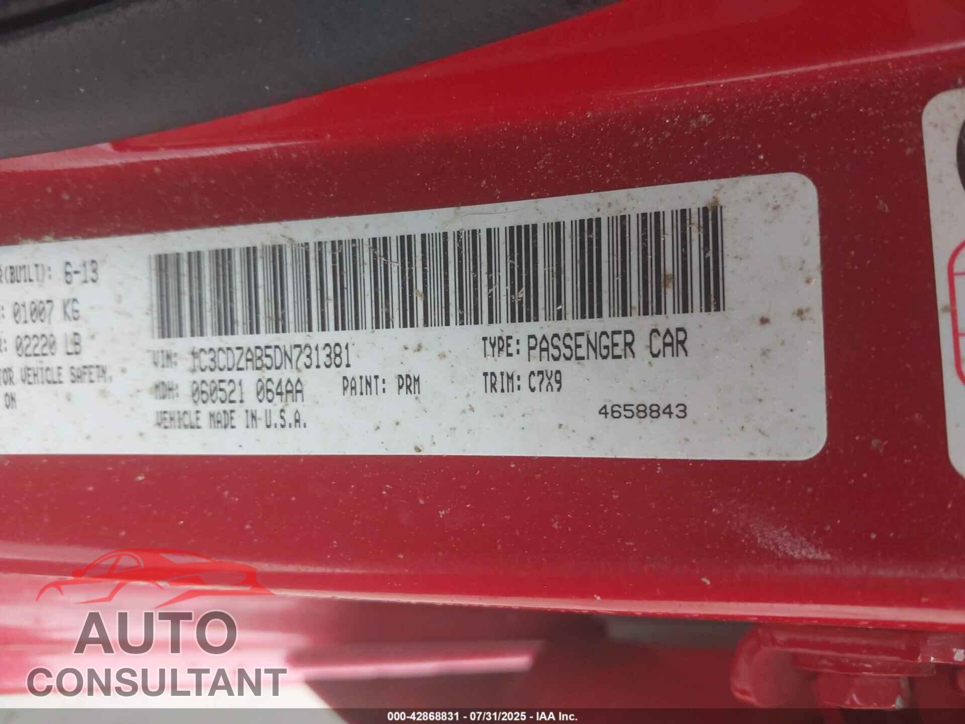 DODGE AVENGER 2013 - 1C3CDZAB5DN731381
