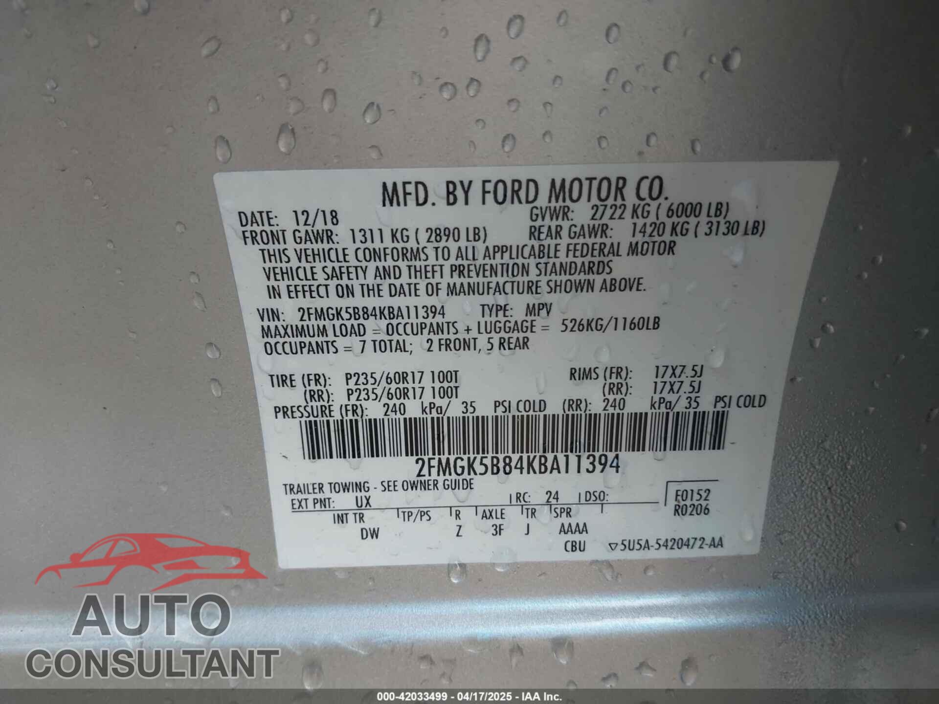 FORD FLEX 2019 - 2FMGK5B84KBA11394