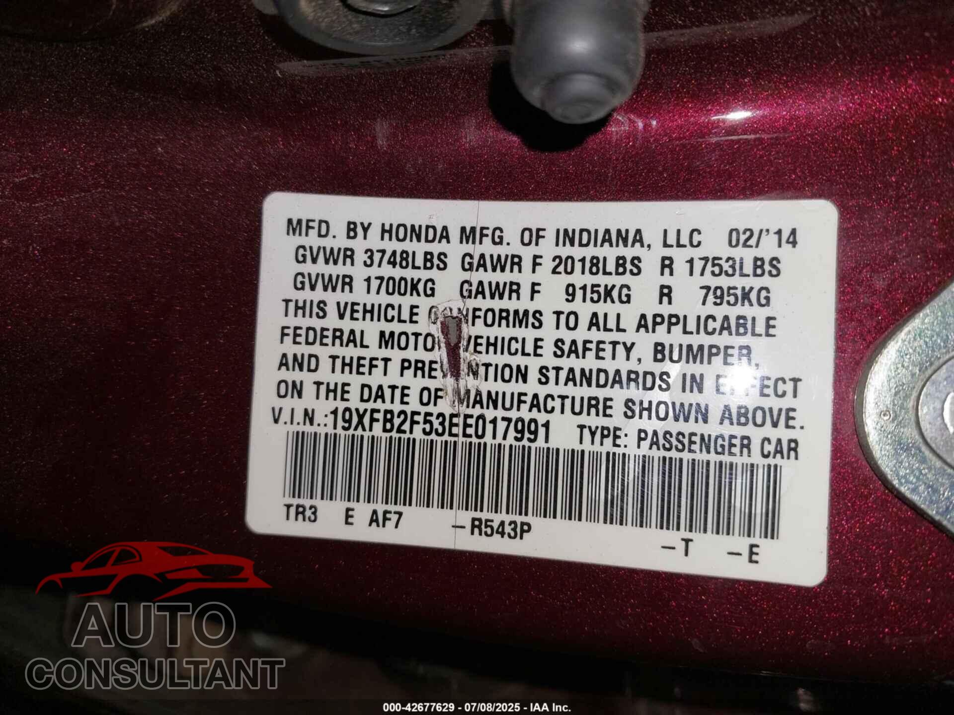 HONDA CIVIC 2014 - 19XFB2F53EE017991