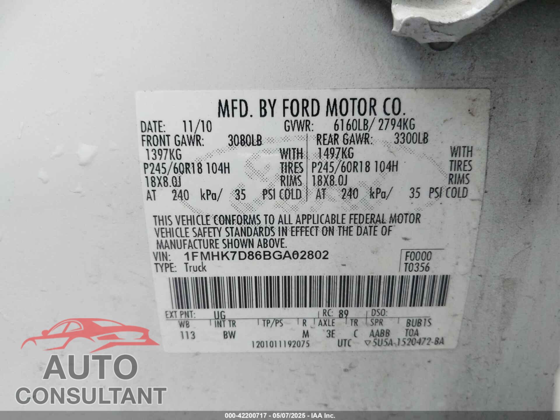 FORD EXPLORER 2011 - 1FMHK7D86BGA02802