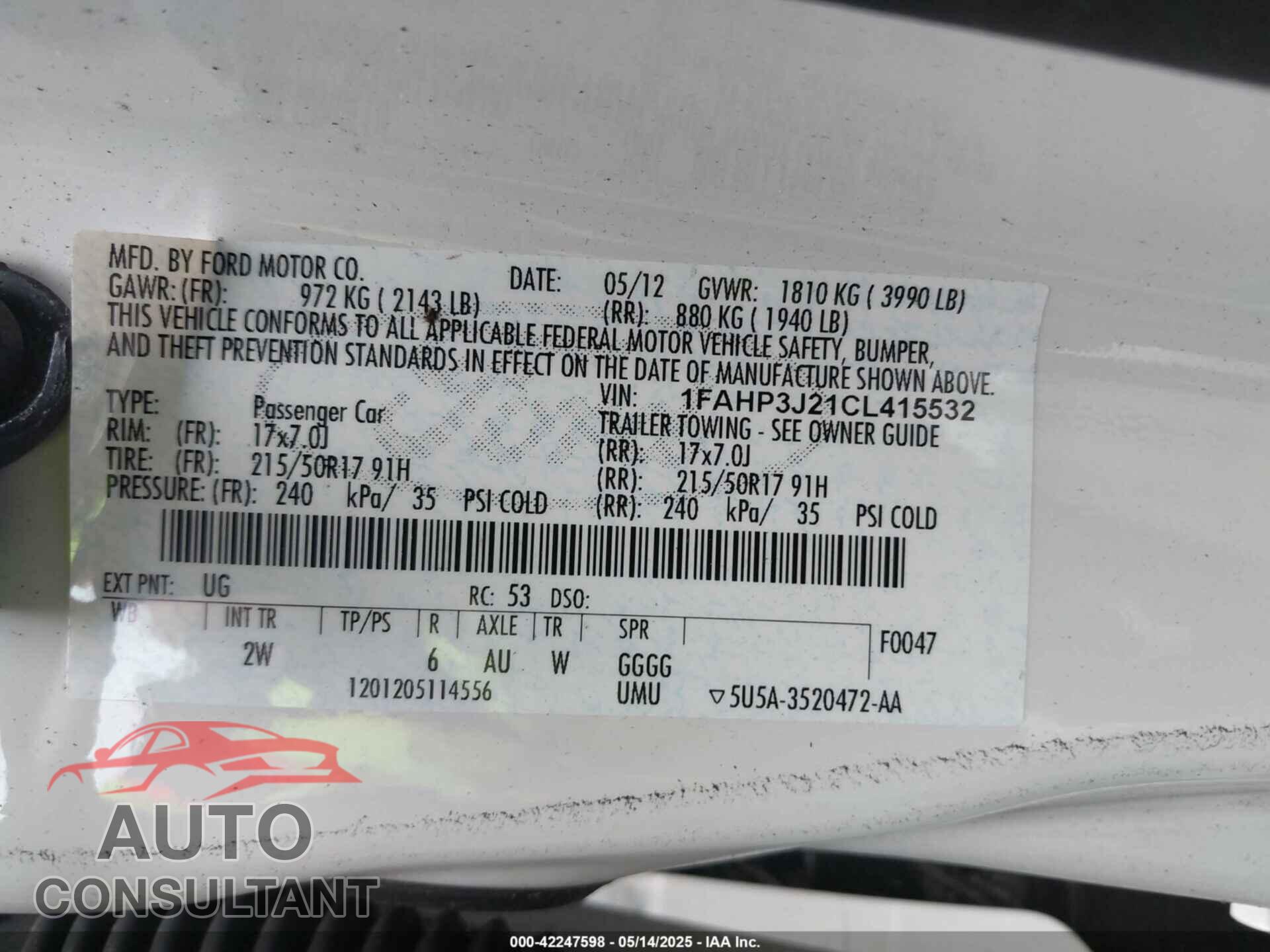 FORD FOCUS 2012 - 1FAHP3J21CL415532